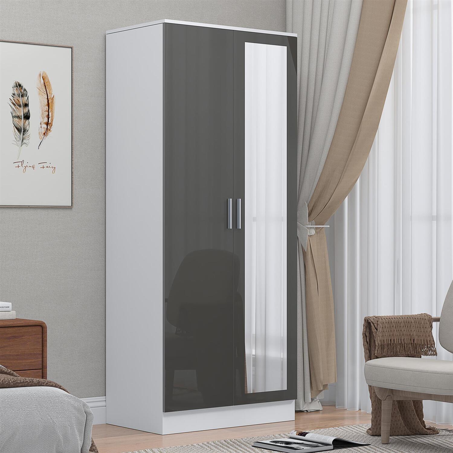 REFLECT 2 Door Mirror Wardrobe - Grey Gloss Fronts / White Matt Carcass - Image 6