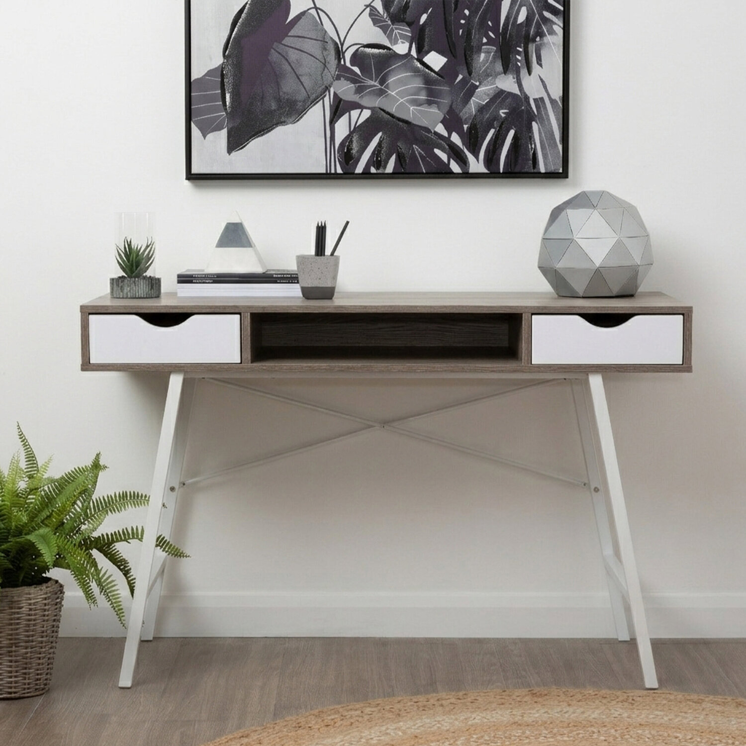 Bradbury Two Drawer Light Oak Veneer Desk - Grey, White