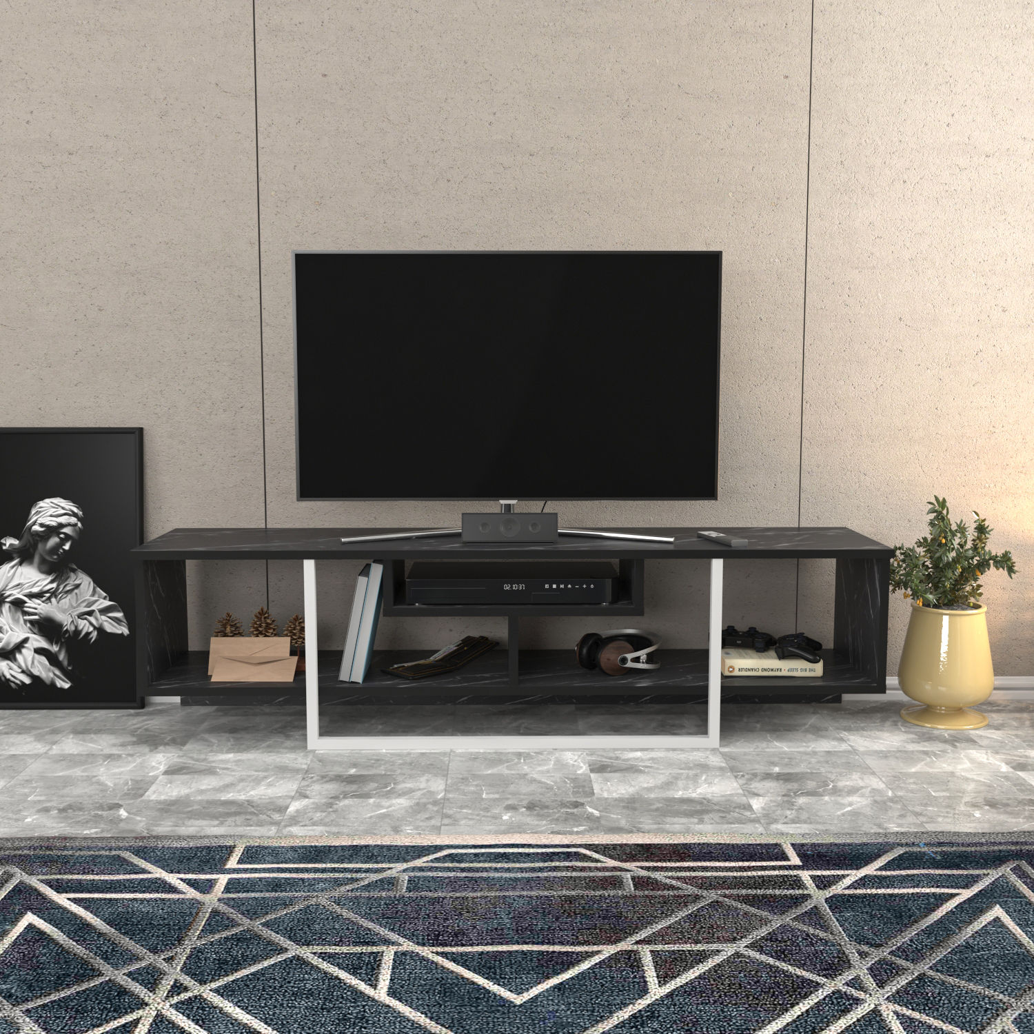 Decorotika Asal Tv Unit - Black Marble Effect And White / 150Cm