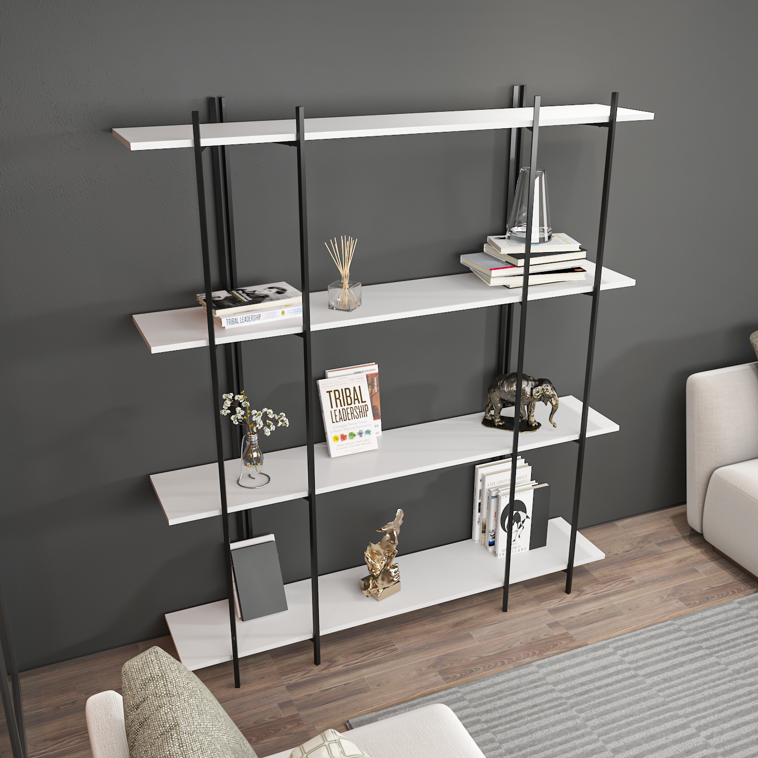 Moss 4-Tier Industrial Bookshelf - White & Black