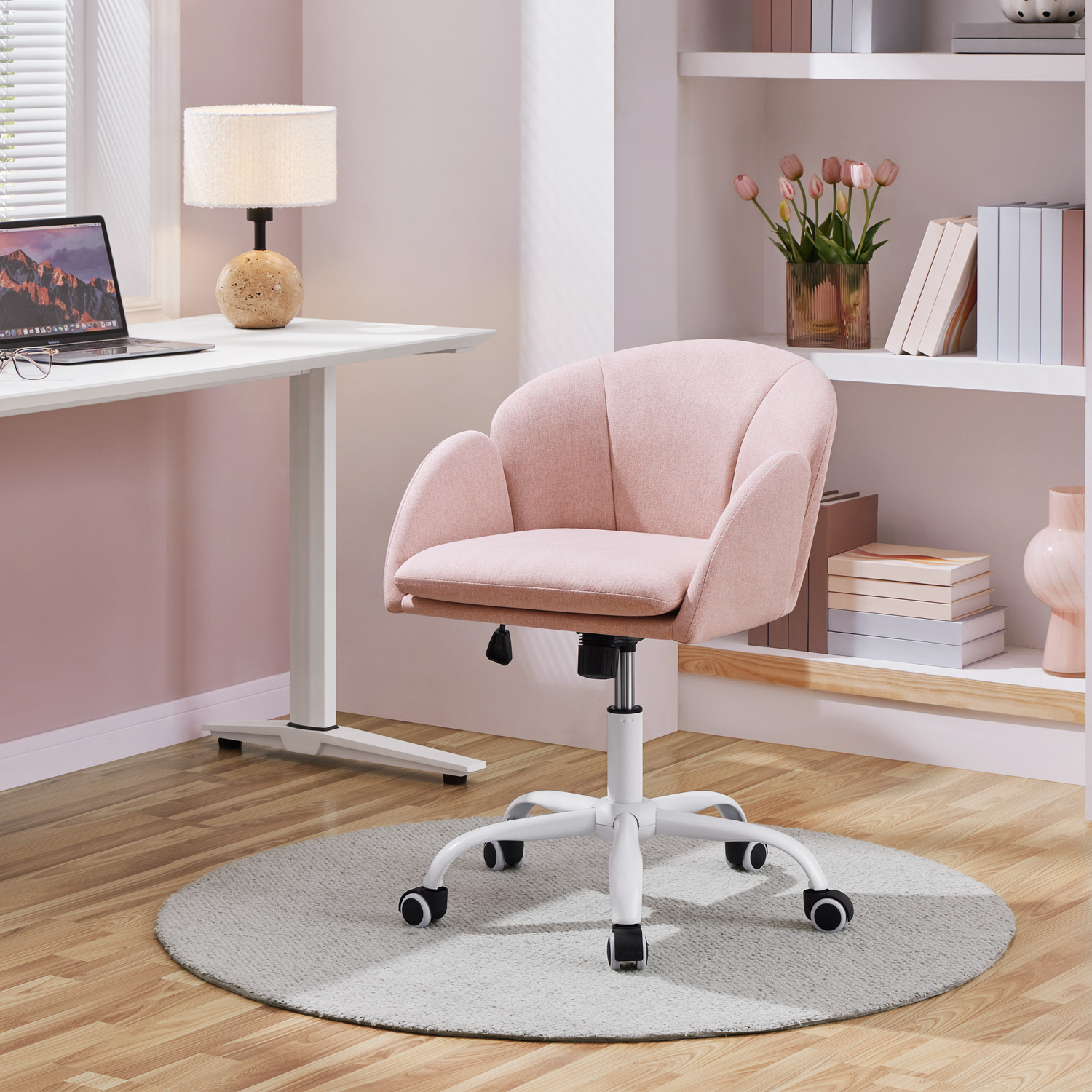 Yaheetech Modern Swivel Office Chair With Armrests - Light Pink Polyester - Light Pink