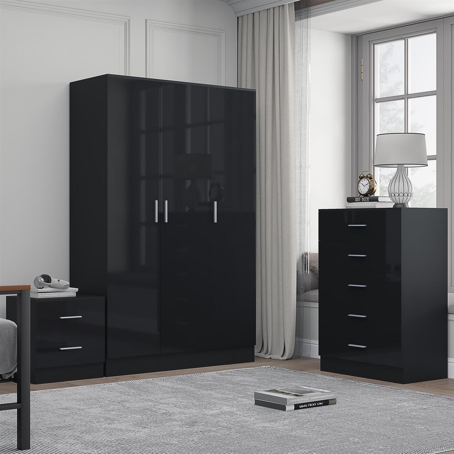 REFLECT 3dr Plain + Chest of Drawers + Bedside - Black/Black - Image 6