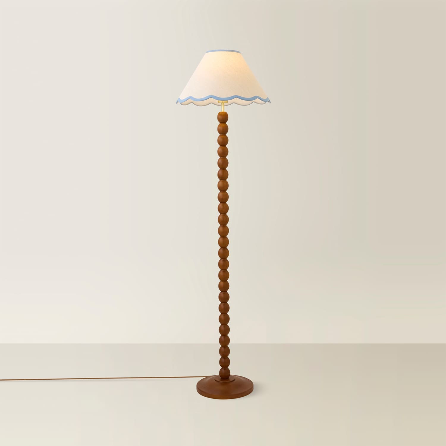 Valuelights Bobbin Colour Trim Linen Shade Bobble Floor Lamp - Walnut Blue Trim - Walnut