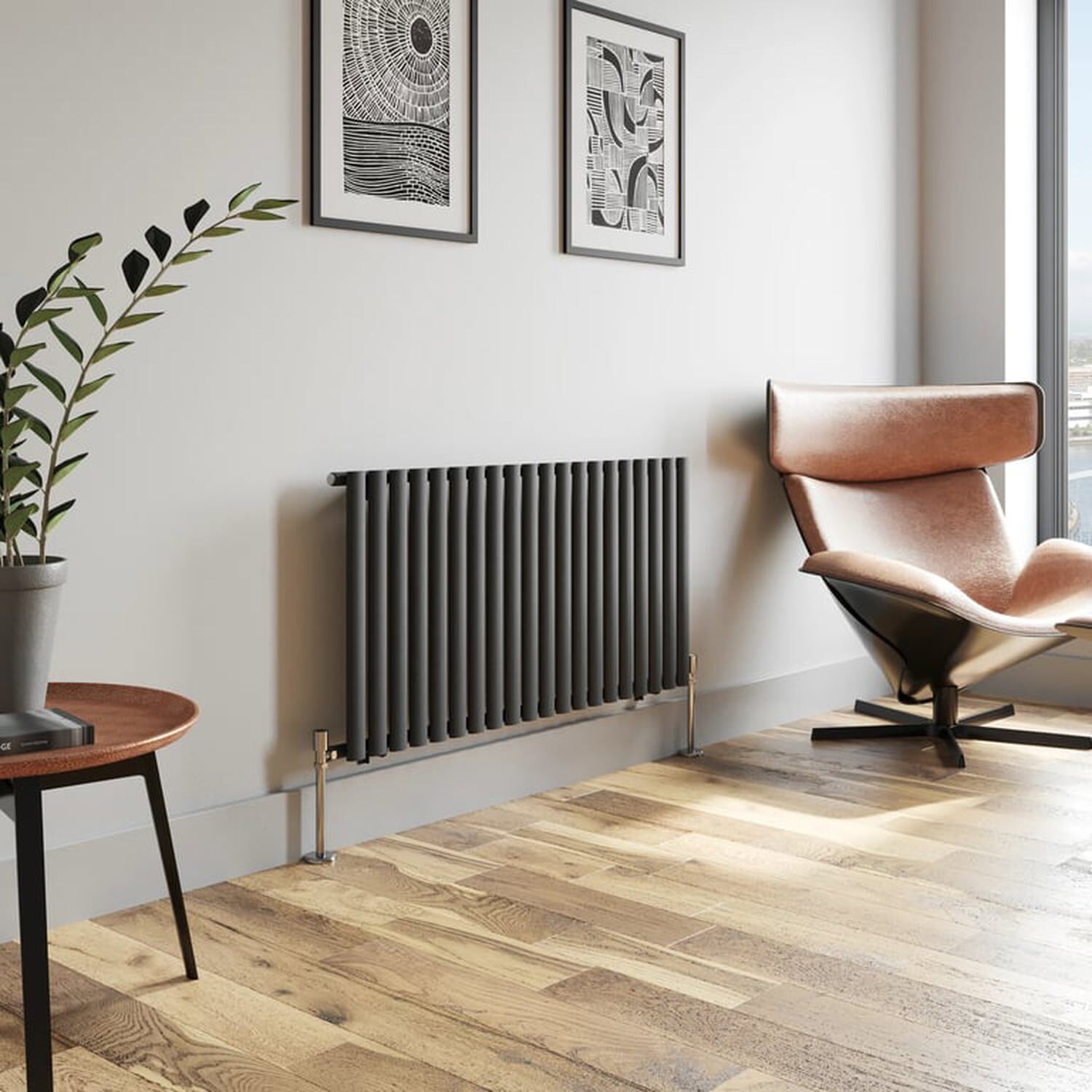 Temprazo Horizontal Oval Tube Double Panel Designer Radiator - 600 X 1440Mm Anthracite - Grey / 600Mm / 1200Mm / 55Mm