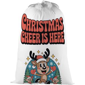 Christmas Cheer Reindeer & Elves Present Bag - Novelty Xmas Santa Sack with Drawstring