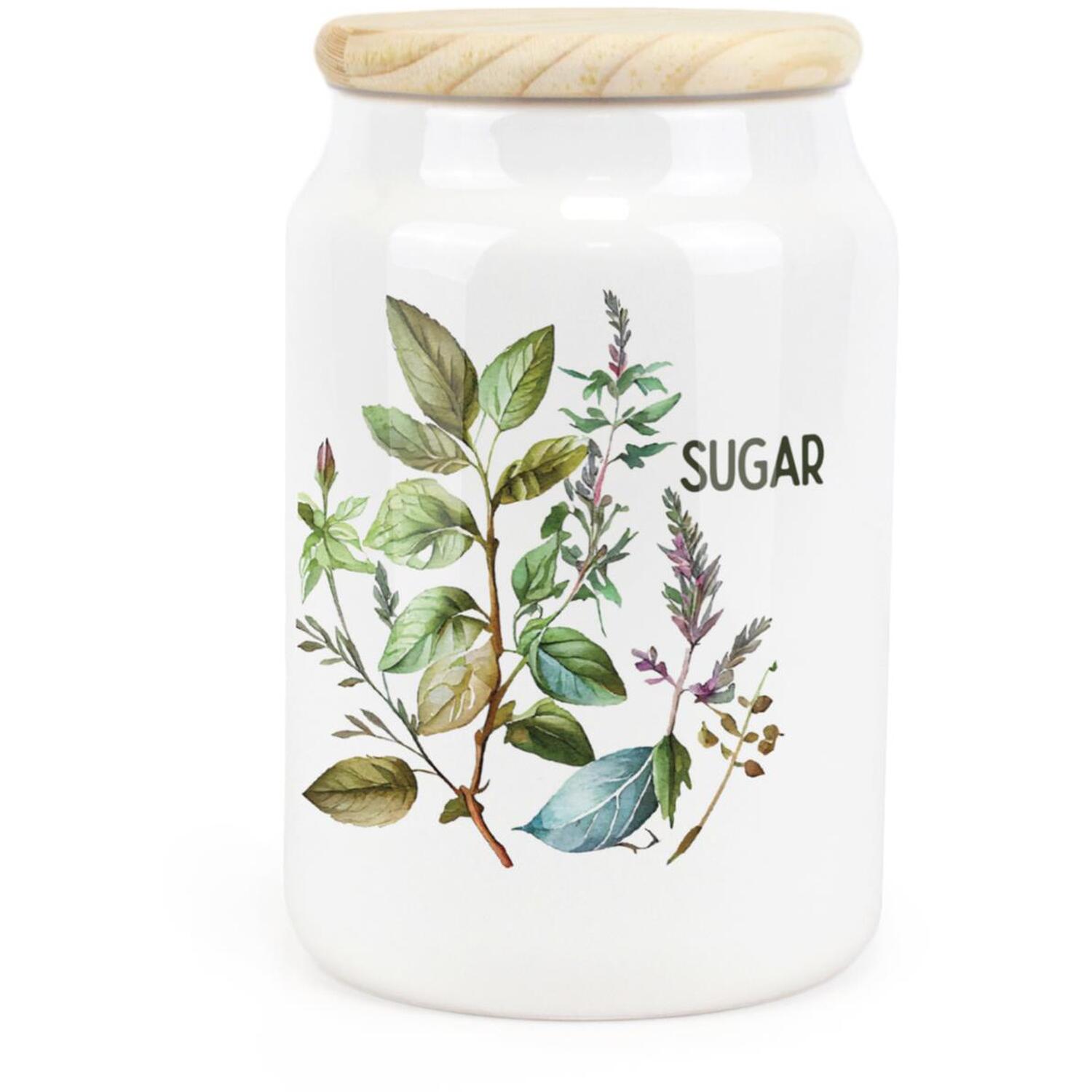 B&Q -  Watercolour Herbs Ceramic Sugar Canister Country Home Farmhouse Interior GiftsKitchen Storage Container & Wooden Lid 600Ml - Image 3