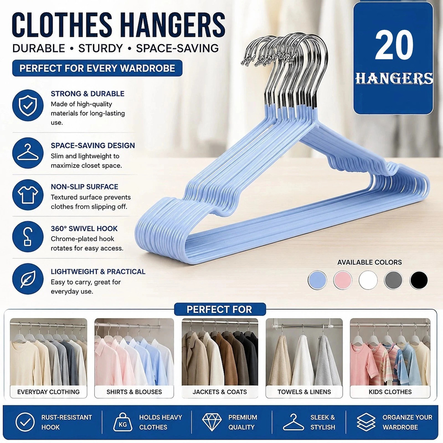 Atek 20 Pcs Metal Clothes Hangers - Blue