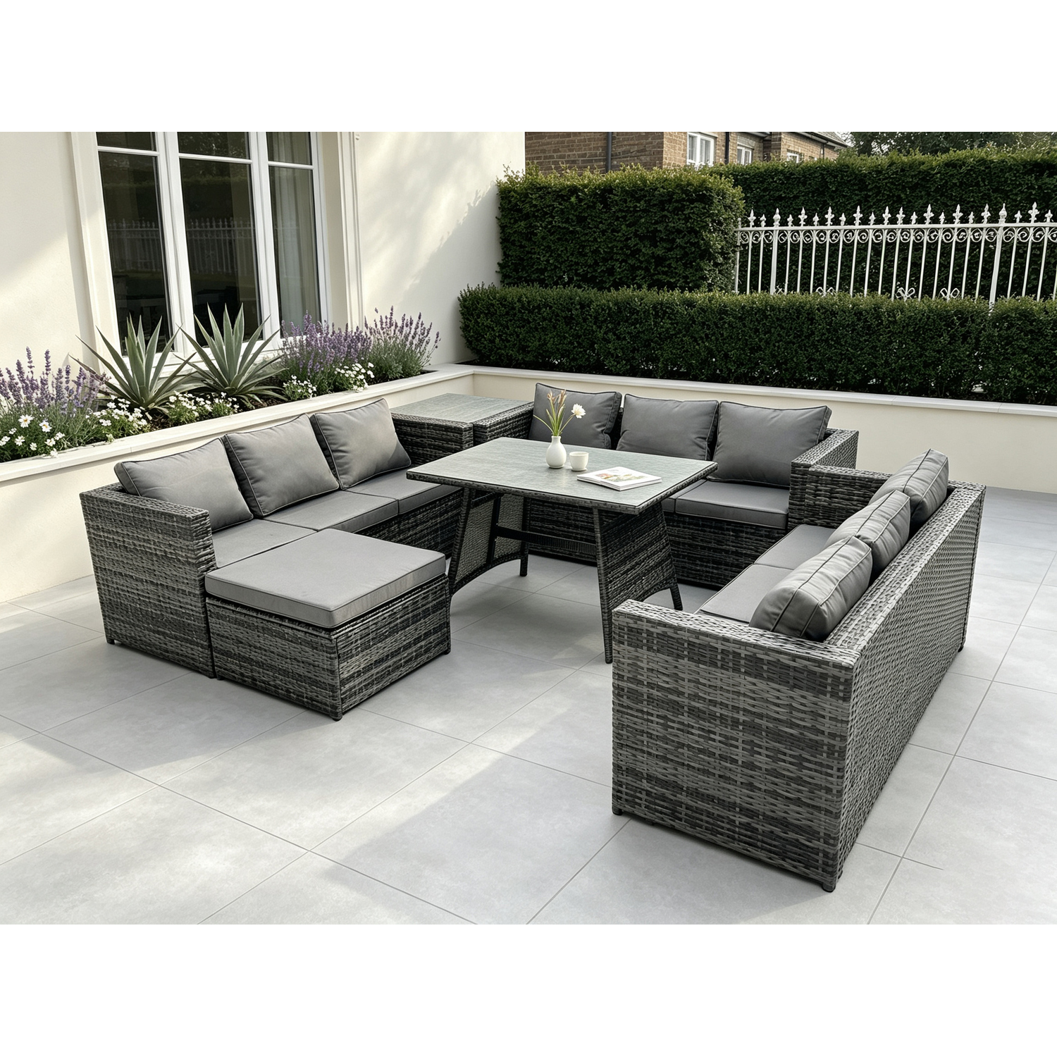 Fimous Dark/Grey Outdoor Rattan Garden Furniture Lounge Sofa Set With Oblong Dining Table Side Coffee Table And Big Footstool - Image 2