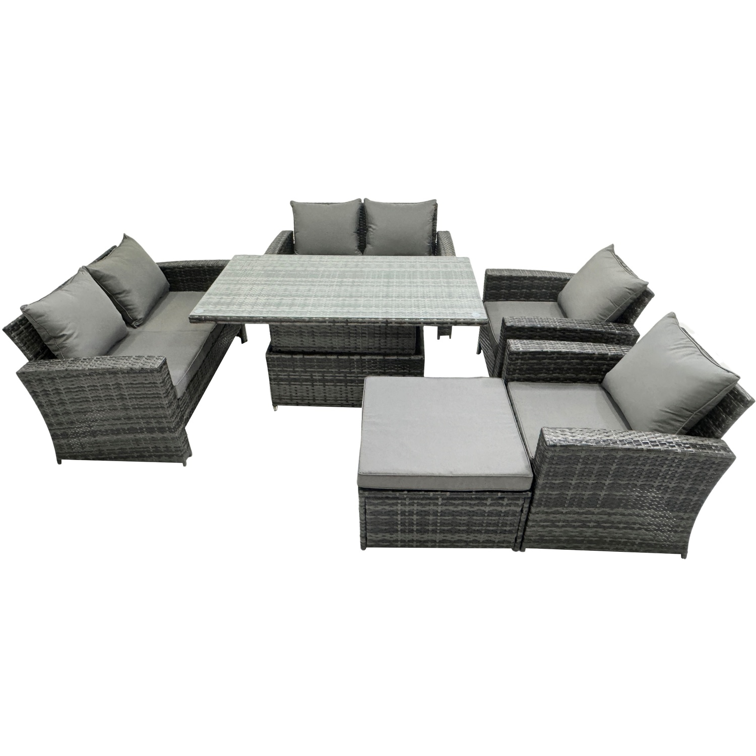 Rackhams Rattan Outdoor Furniture Adjustable Rising Lifting Rectangle Dining Table Chairs Two Seater Love Sofa Sets Big Footstools 7 Seater - Image 2