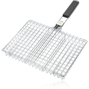 SPARES2GO Deep BBQ Grill Basket with Folding Wooden Handle Stainless Steel Lid for Chicken Fish Meat