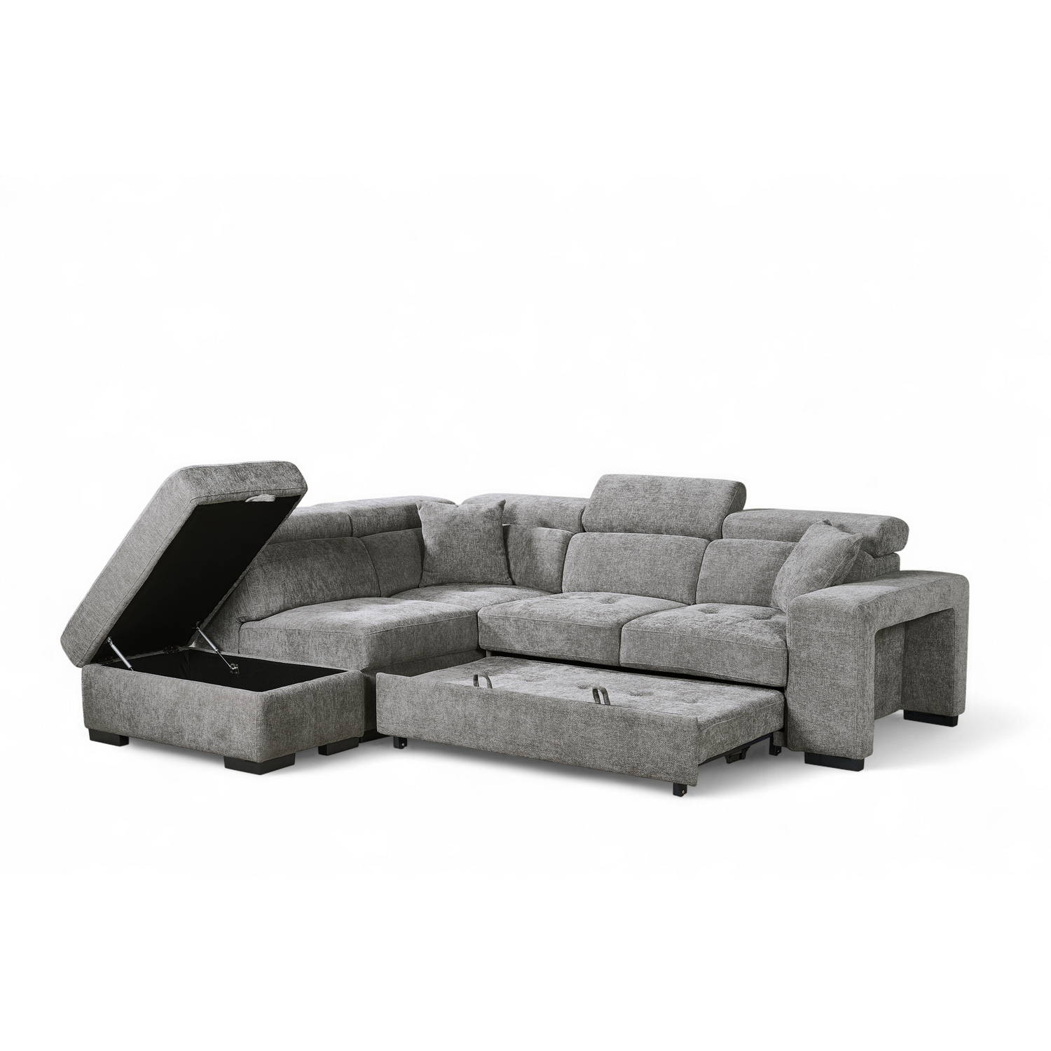 Ottman Character Grey Chenille Fabric 1C2 Corner Sofabed with Storage and Ottomans AMELIA