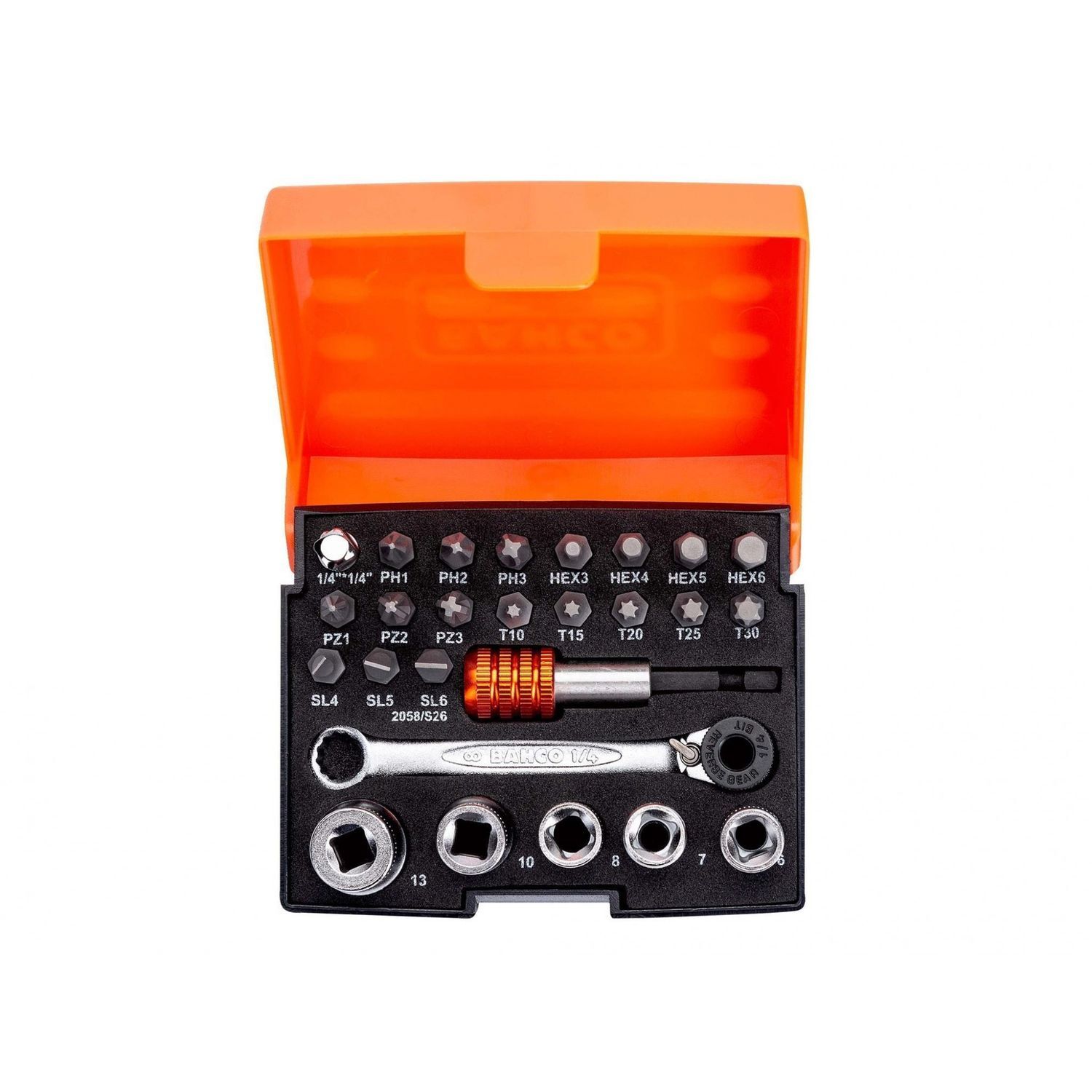 Bahco 2058/S26 1/4In Drive Ratchet Socket Set, 26 Piece - Multi Colour