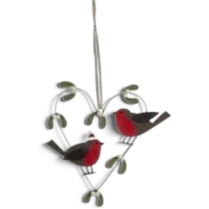 Metal Robins in Mistletoe Heart Christmas Tree Decoration