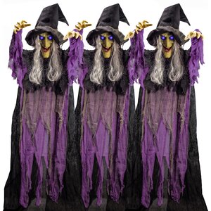 Adult Halloween Cackling Witch Animatronic Prop - 5ft Tall Purple Decoration with Light-Up Eyes