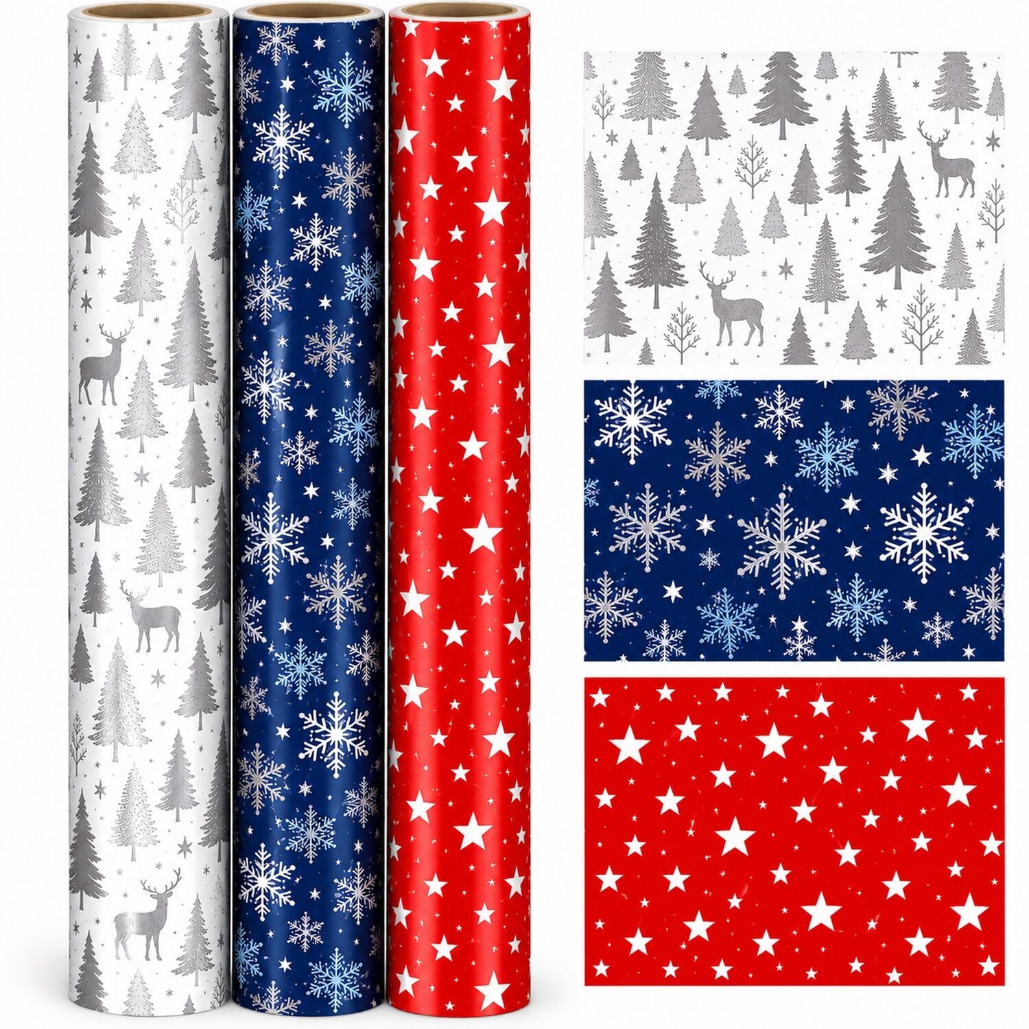 B&Q - Foil Christmas Wrapping Paper 3 Rolls 1.5M Red Star Blue Snowflake - Image 2