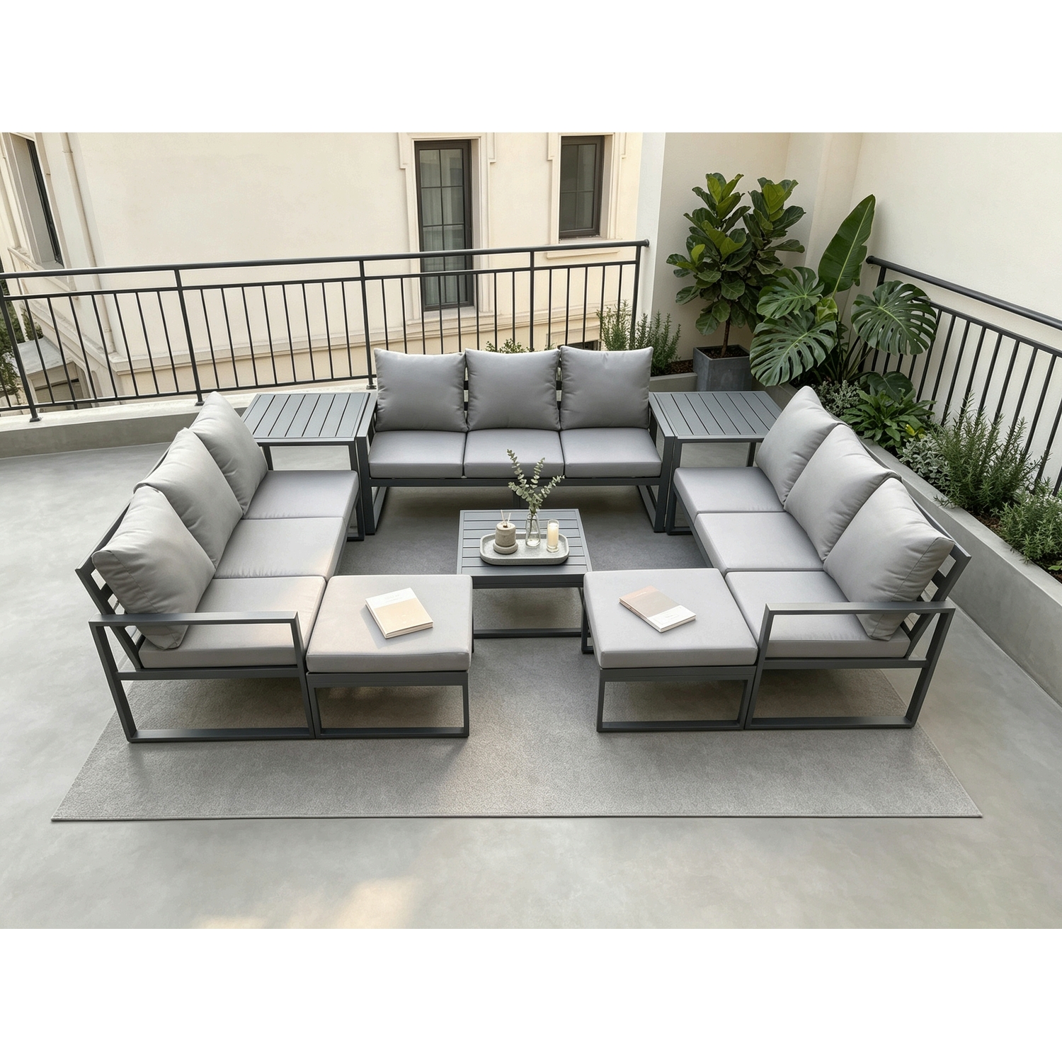Fimous Aluminium Outdoor Garden Furniture Set Patio Lounge Sofa With Square Coffee Table 2 2 Big Footstools Conservatory Set Dark Grey - Image 3