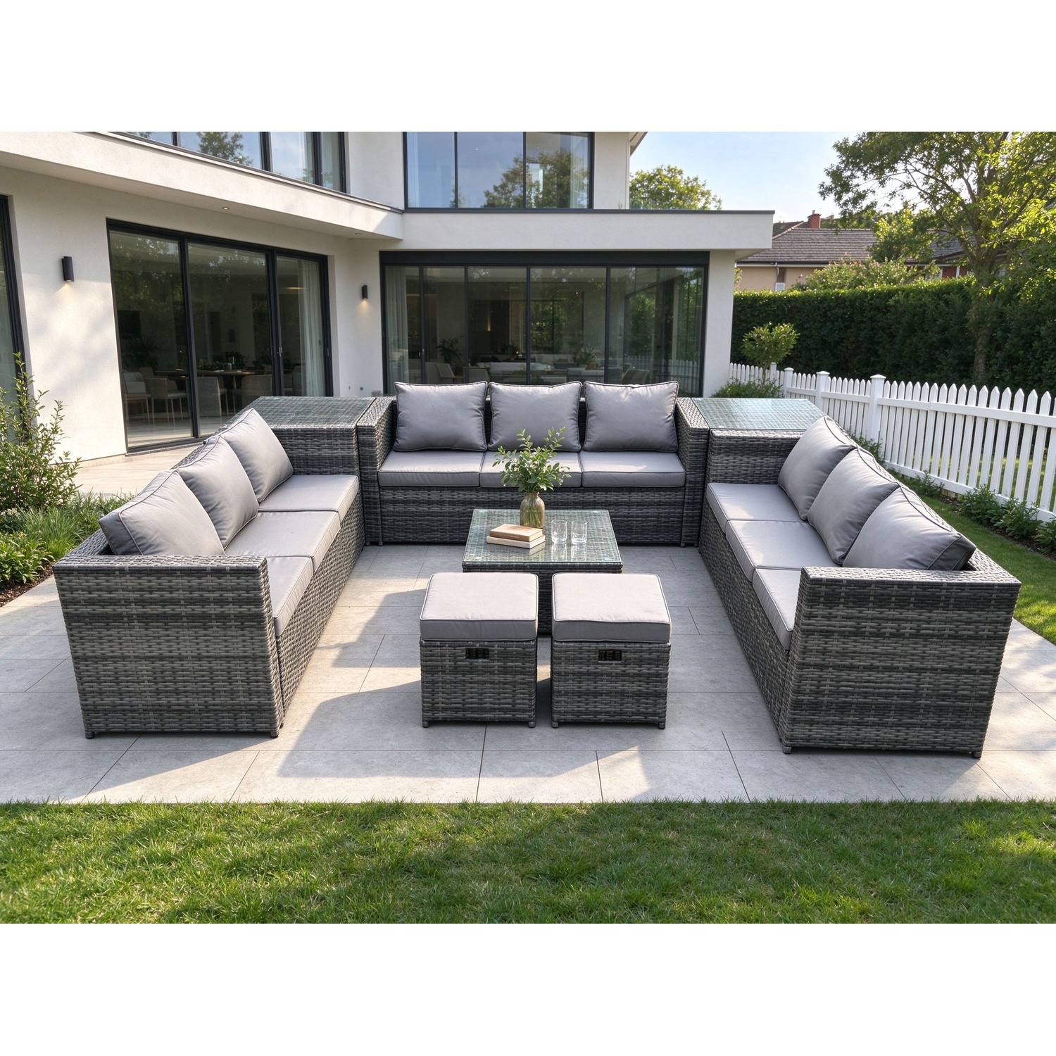 B&Q - 11 Seater Outdoor Rattan Garden Furniture Set Patio Lounge Sofa Set With 2 Side Tables Square Coffee Table - Image 2