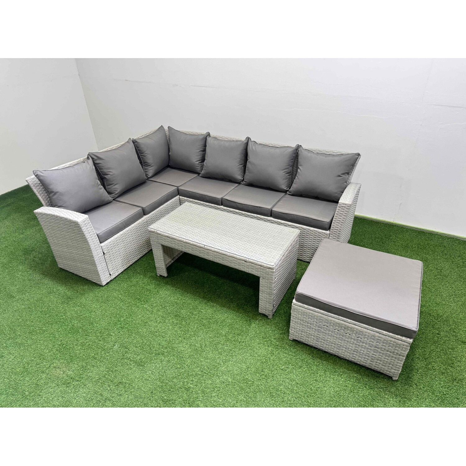 Rackhams Light/Grey Rattan Garden Furniture Set Outdoor 7 Seater Corner Sofa Sets With Oblong Coffee Table Big Footstool Mixed - Image 2