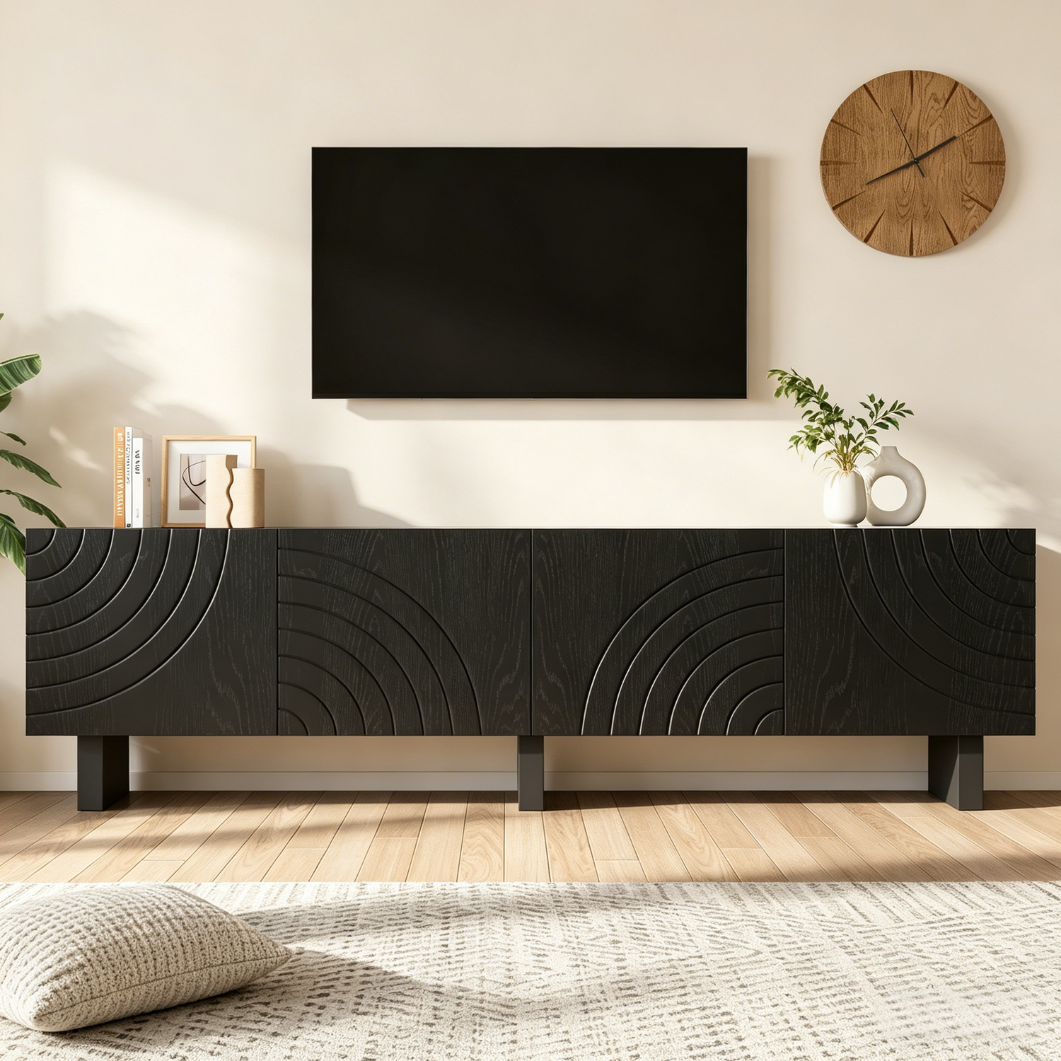 Aka Modern Black Tv Stand With 4 Doors And Media Storage