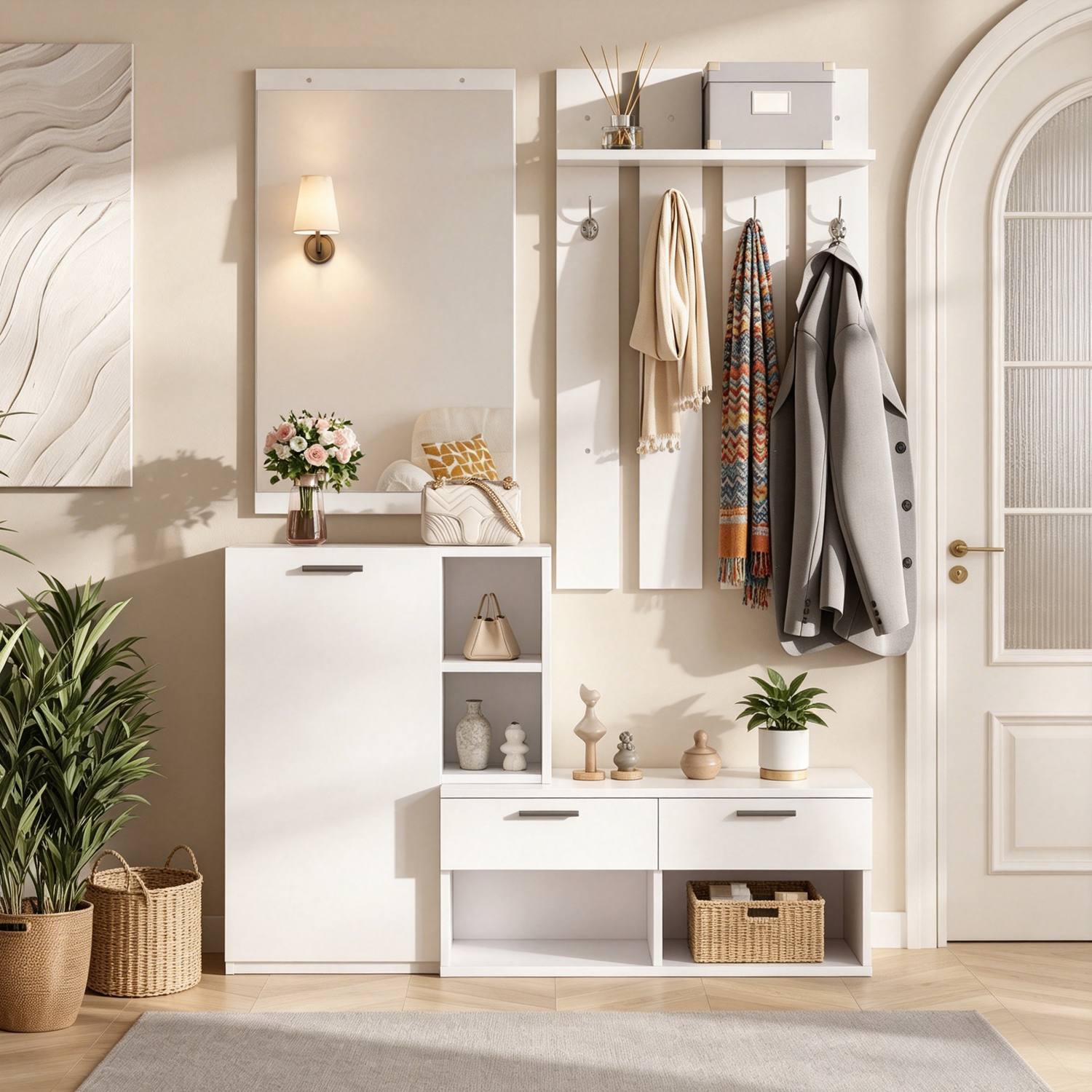Aka Modern White Hallway Furniture Set With Shoe Cabinet, Mirror And Coat Hooks