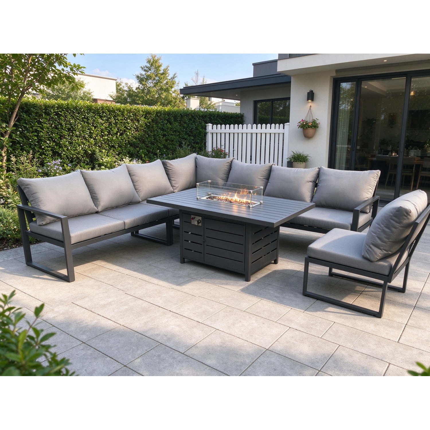 Fimous Aluminium Lounge Corner Sofa Outdoor Garden Furniture Sets Gas Fire Pit Dining Table Set Dark Grey - Image 3