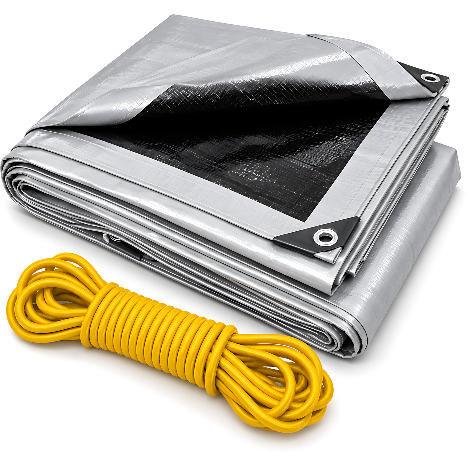 Soladirect Heavy Duty Silver/Black Tarpaulin 5M X 5M 260 Gsm Waterproof & 10M Yellow Rope, Rubber Corners