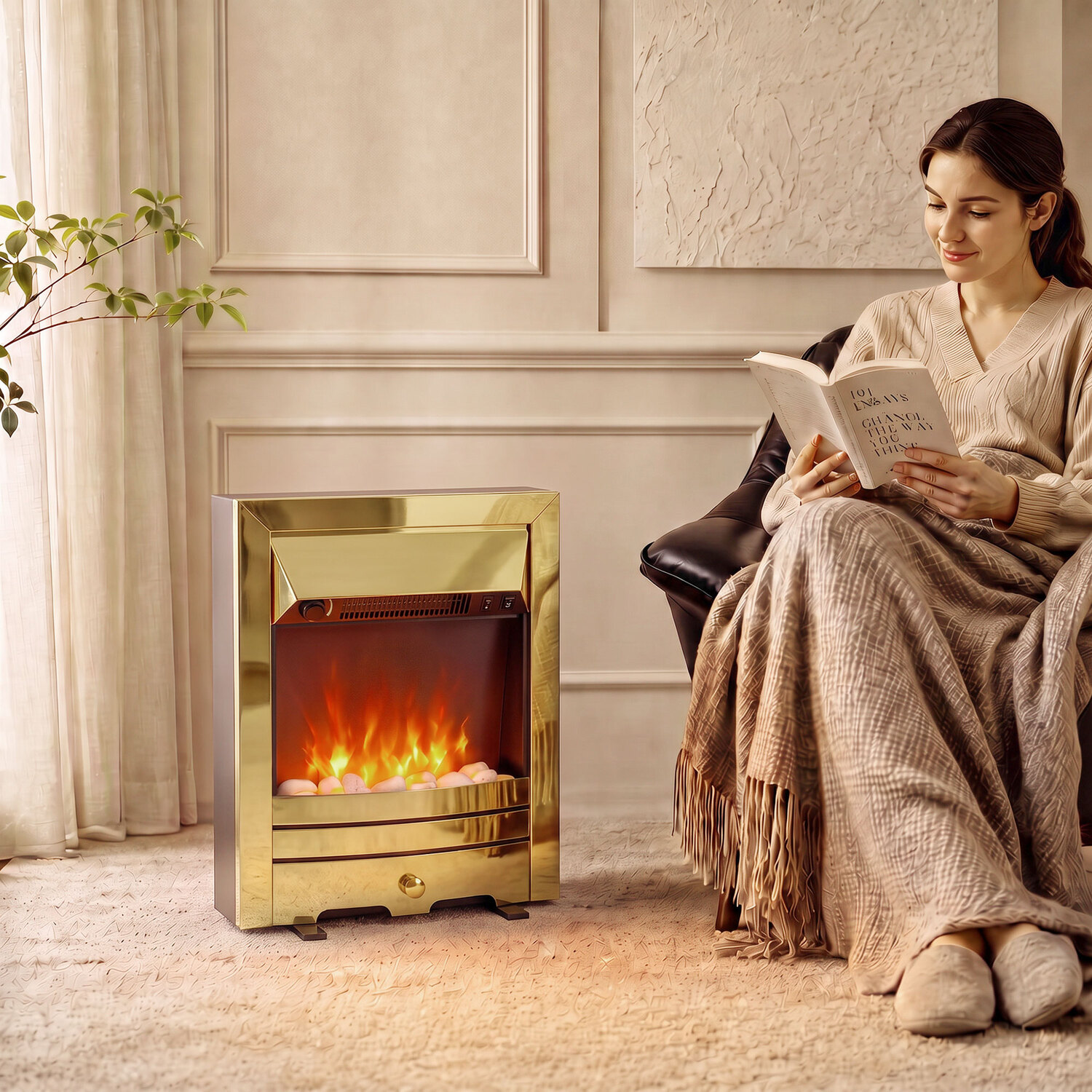 Homcom Gold Electric Fireplace Stove Freestanding/Inset, 1000W/2000W - Tone - Image 3