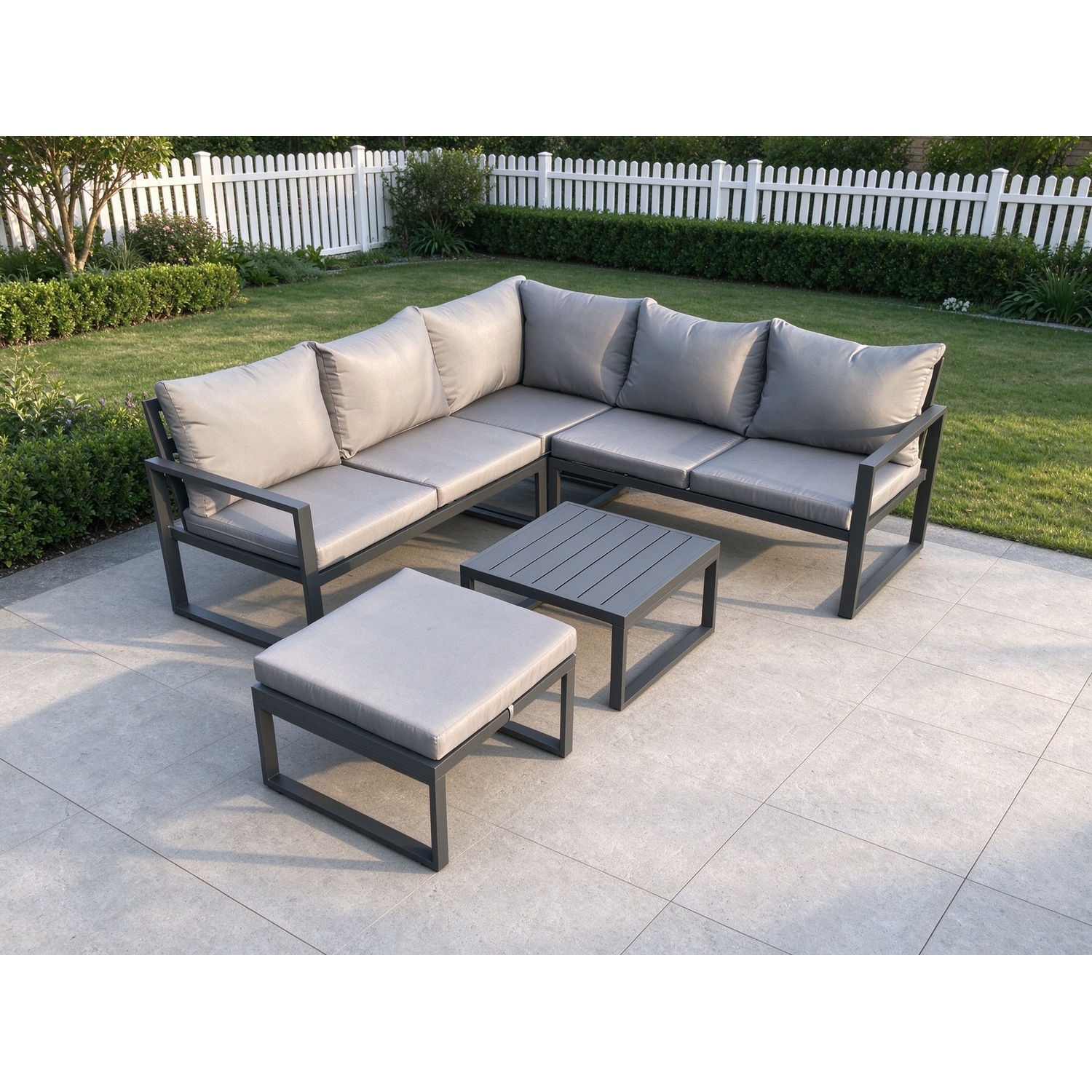 Fimous Unisex Dark Grey Outdoor Garden Furniture Set Aluminium Lounge Sofa Square Coffee Table Sets With Big Footstool Set Size 6 - Image 2