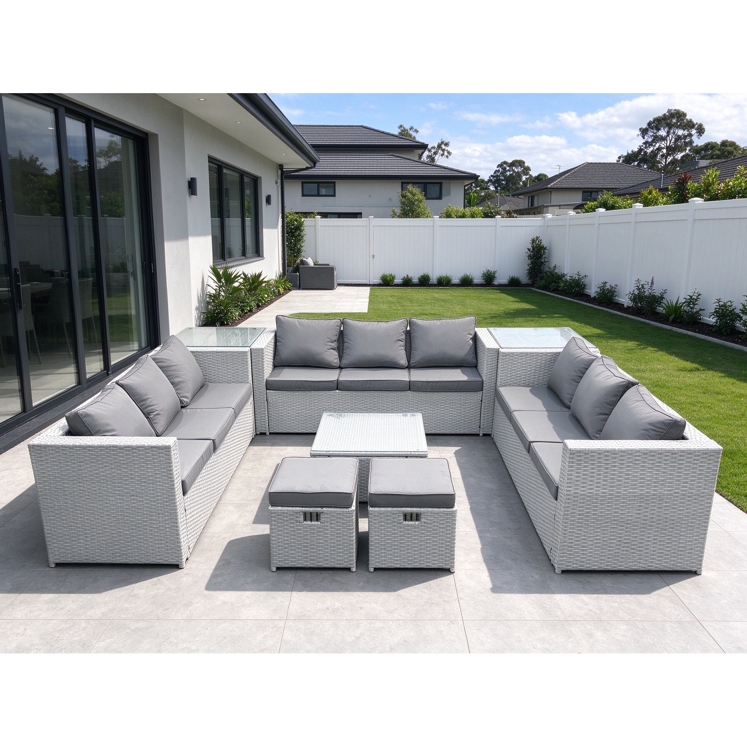 Fimous Light/Grey Rattan Garden Outdoor Furniture Set 11 Seater Rattan Garden Sofa Set With 2 Small Footstool 2 Side Tables Mixed - Image 2