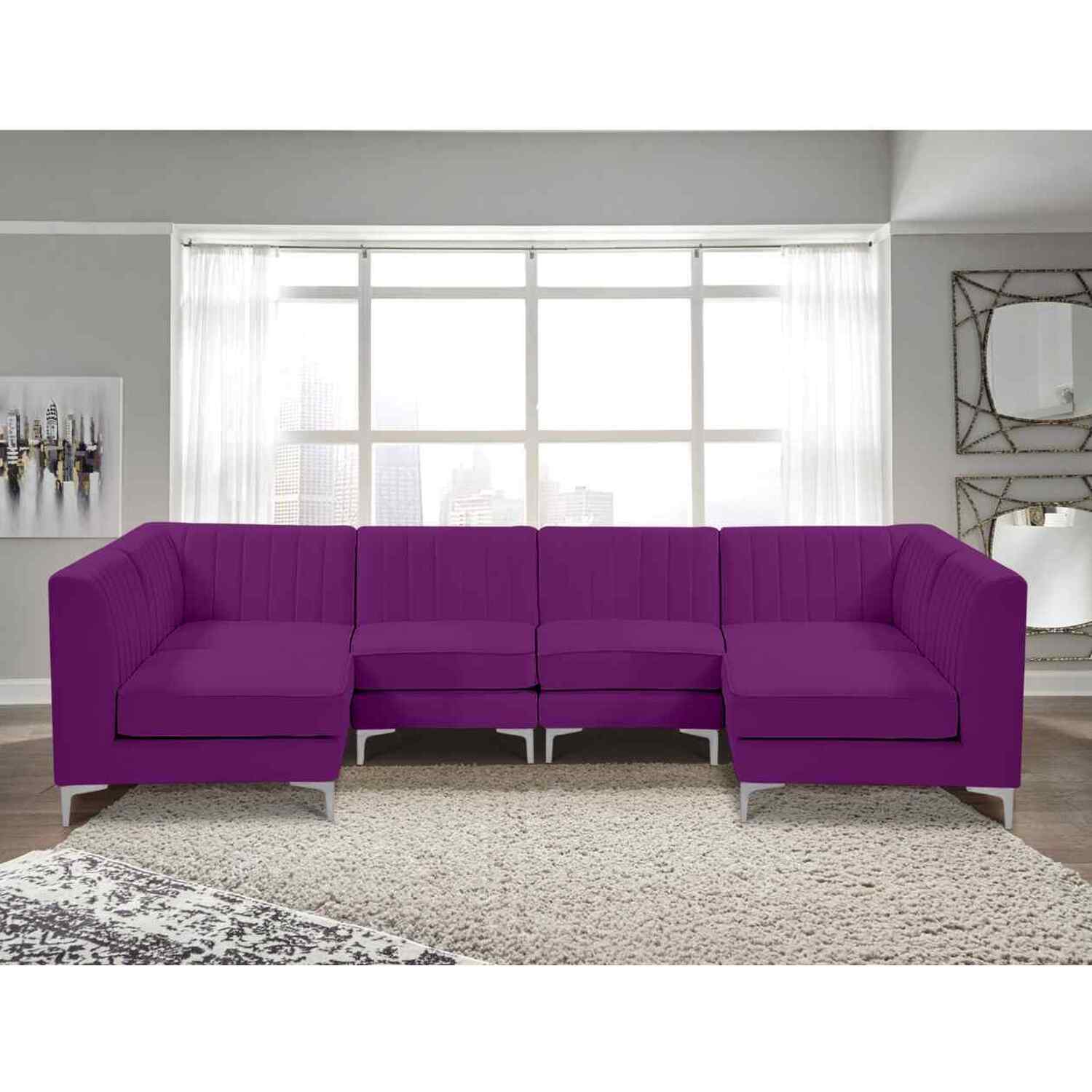Simply Eleganza - Elena Modular Corner U Shape Sofa in Velour Fabric - Purple thumbnail