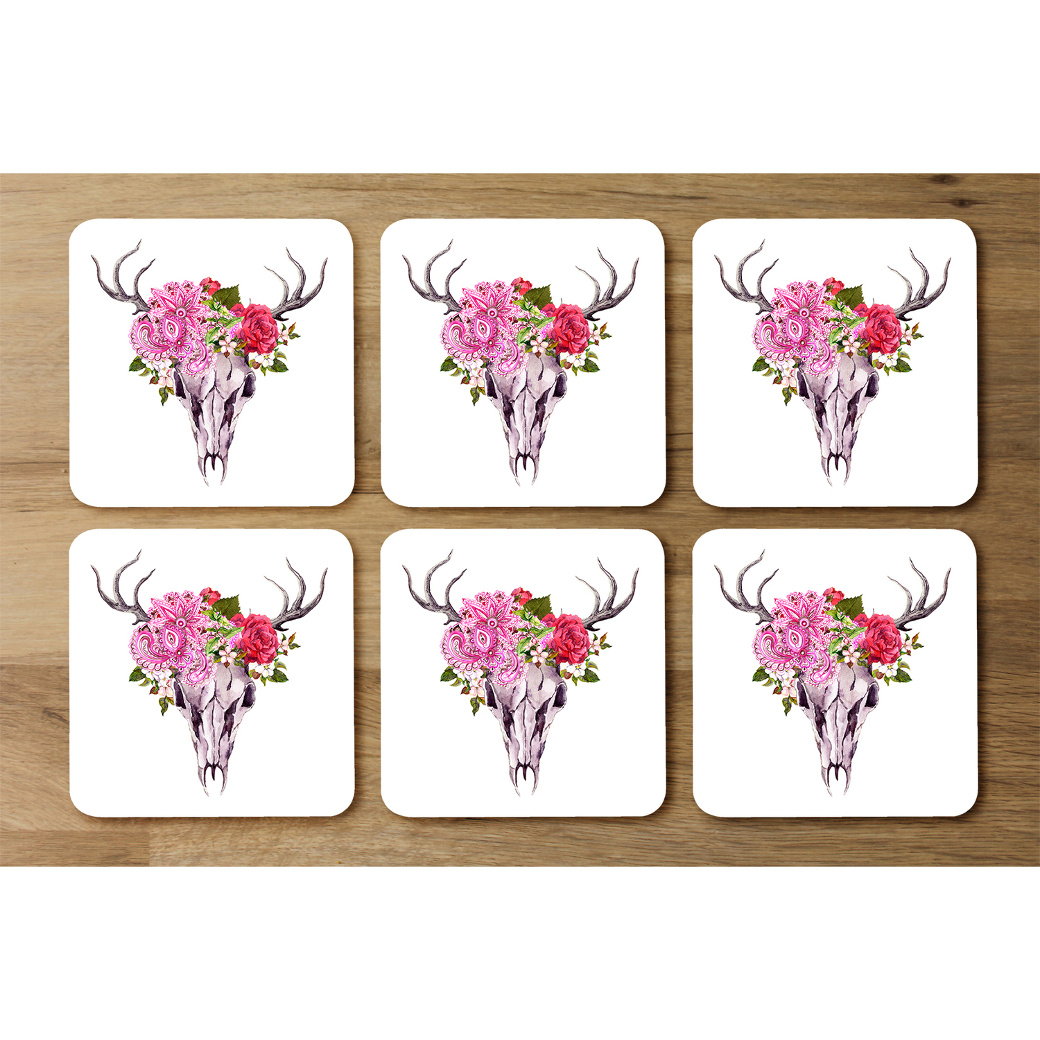 Deer Animal Skull With Flowers And Feathers Coaster - Pink