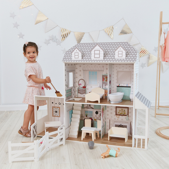 Kids 2-Story Farmhouse Doll House with 12 Accessories, White and Grey