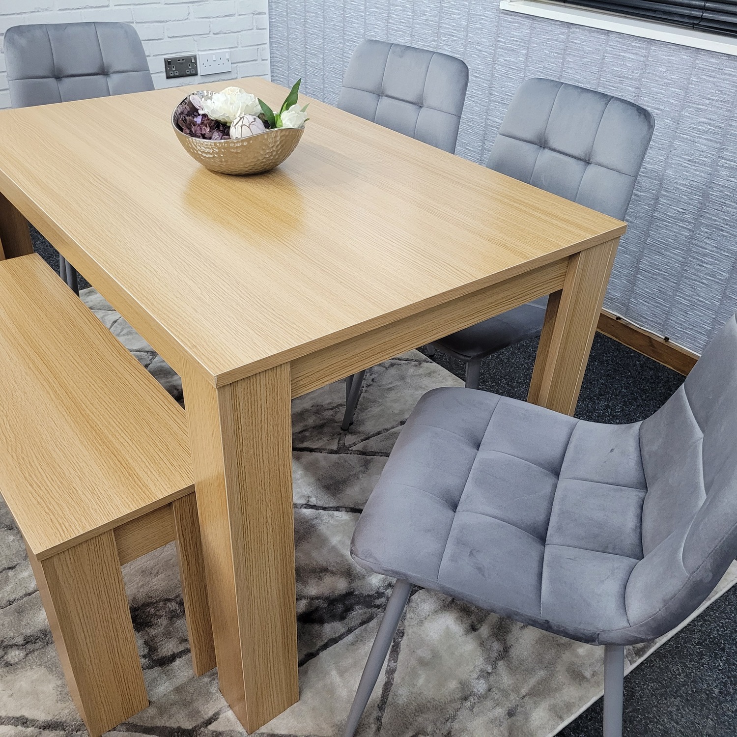 Oak Wooden Table With 4 Tufted Velvet Grey Chair And 1 Bench Dining Set - Oak Grey
