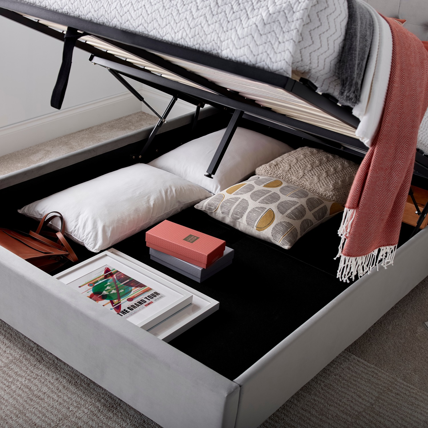 Kingham Grey Velvet Ottoman Bed - Grey Small Double