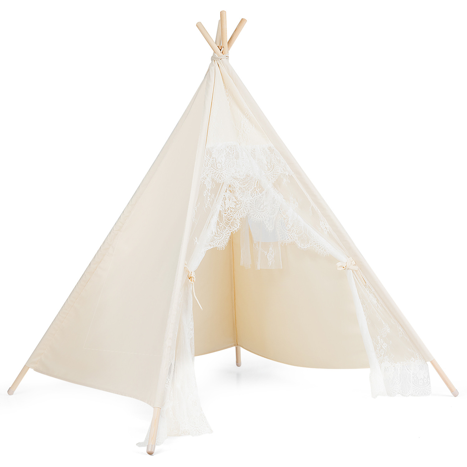Image of Costway Foldable Children Lace Teepee Play Tent-Beige - Biege