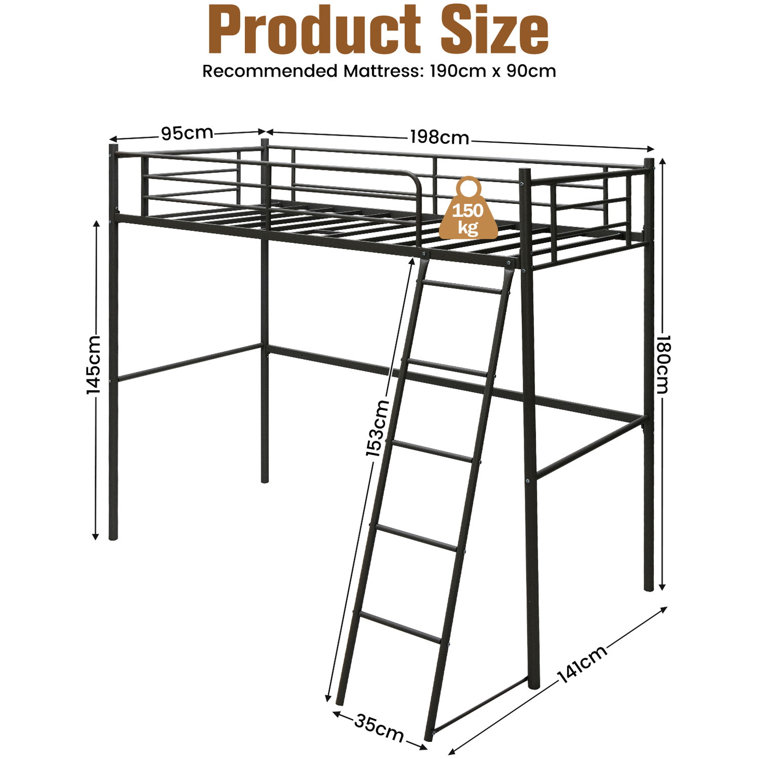Heavy-duty Metal Loft Bed - Black
