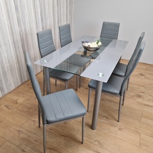 Grey Grey Glass Dining Table and 6 Faux Leather Chairs Set shot 4217640