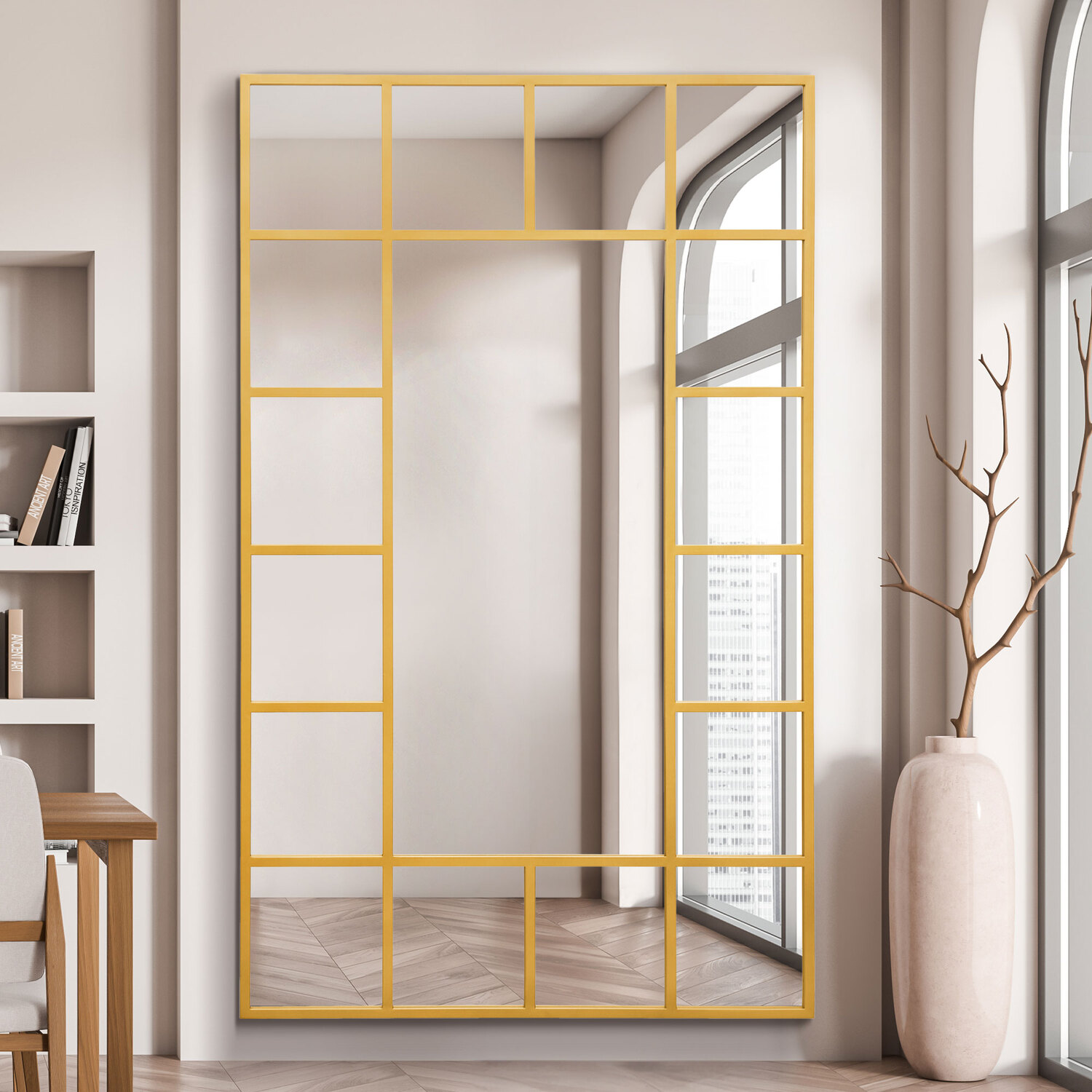 MirrorOutlet - Penestra Metal Modern Window Leaner Wall Mirror - Gold / 180cm thumbnail