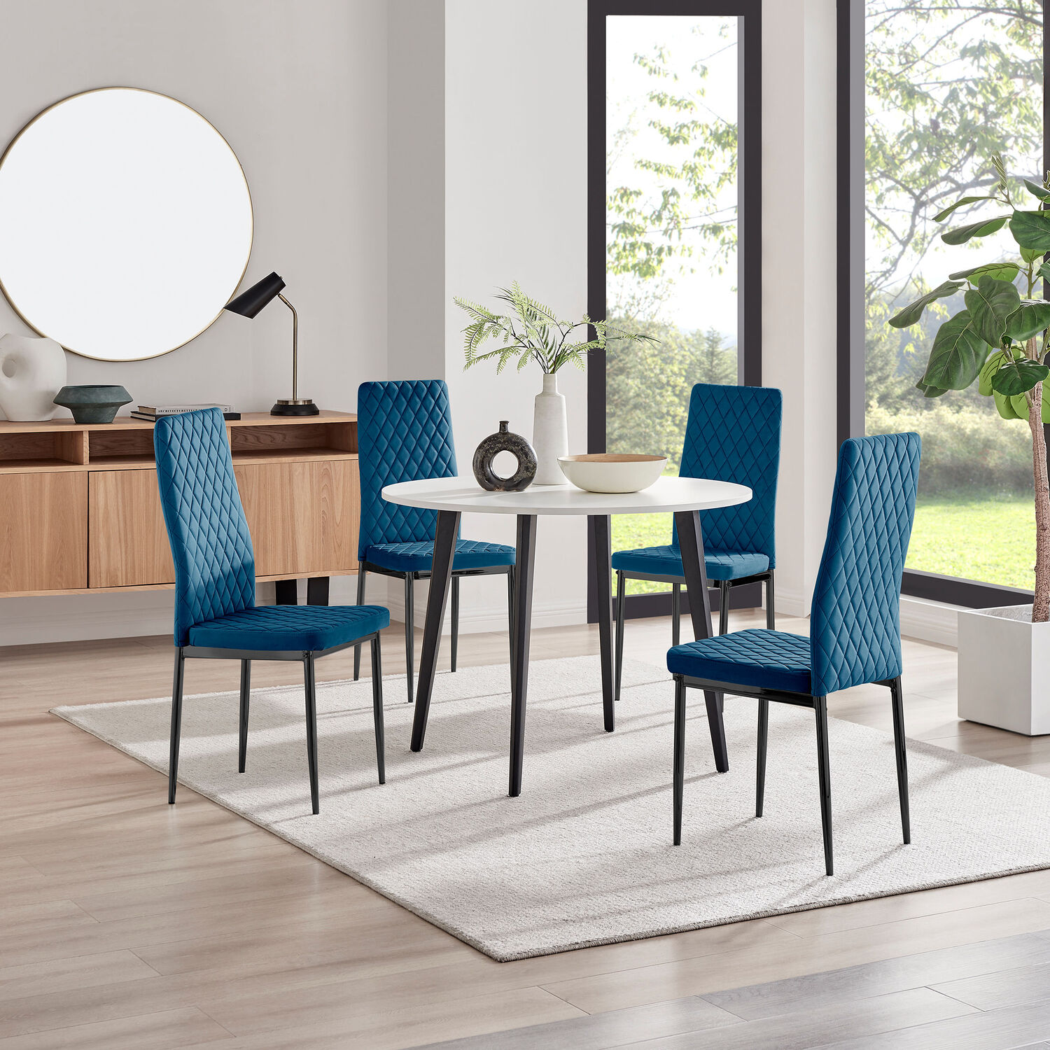 FurnitureboxUK - Koko White Melamine Round Dining Table And 4 Velvet Milan Black Leg Chairs - Navy thumbnail