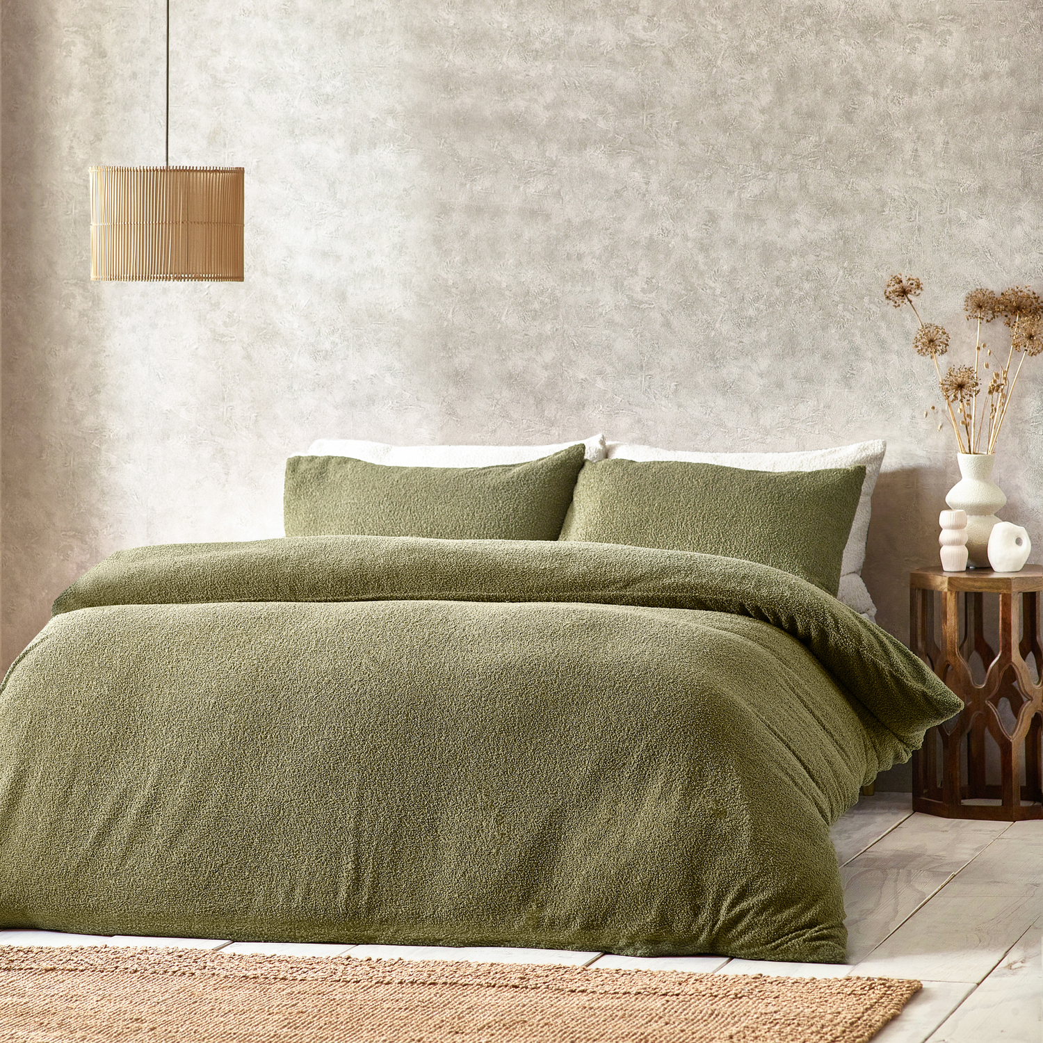 Boucle Textured Duvet Cover Set - Olive Double