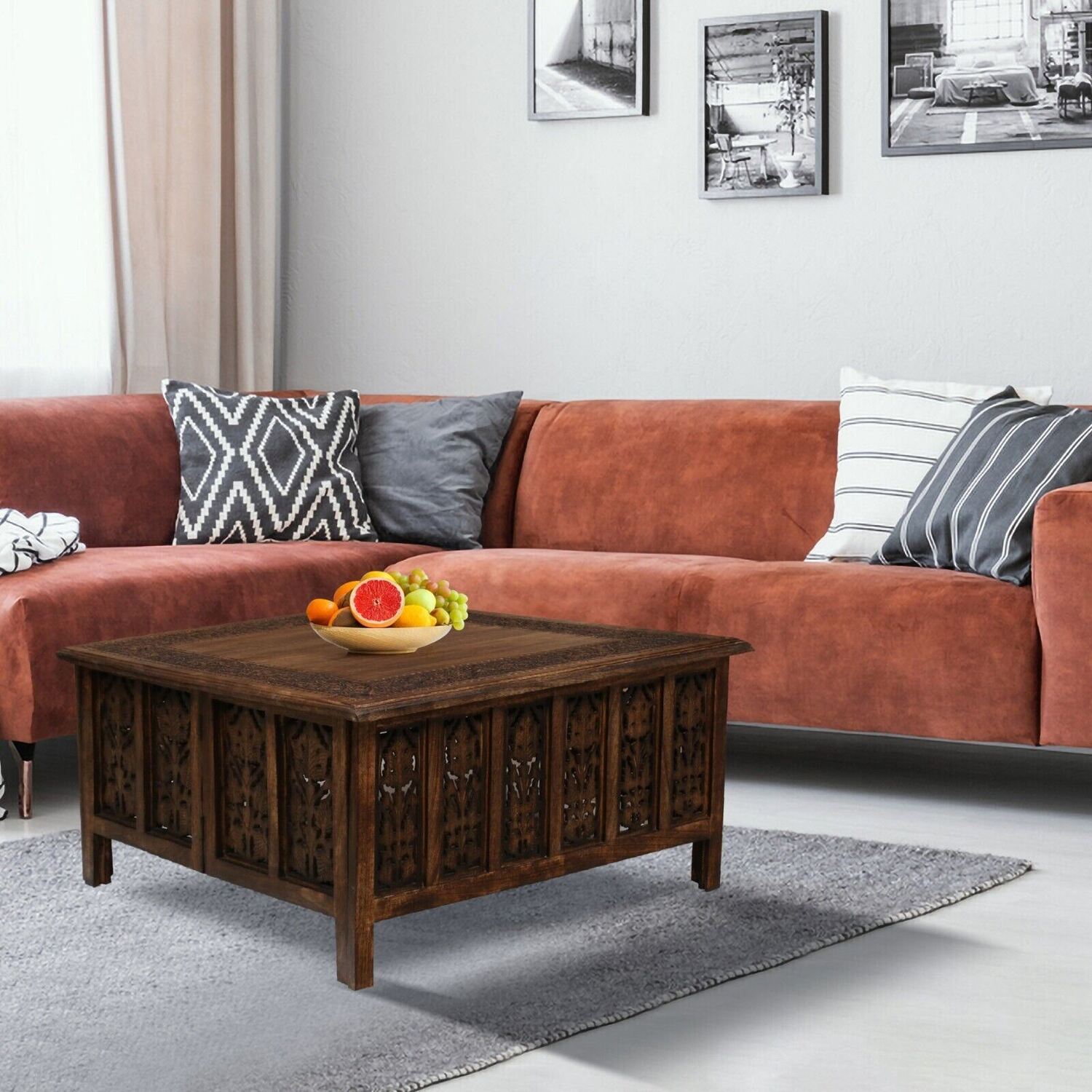 Big Square Coffee Table Mango Wood Carved Centre Piece