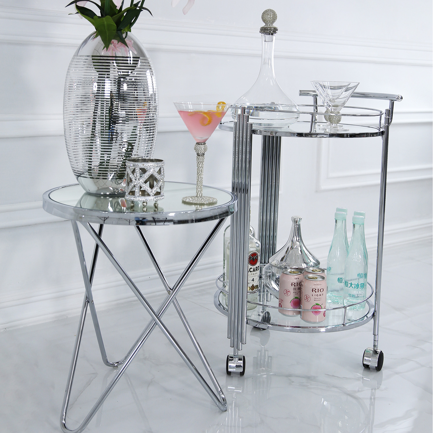 2 Tier Glass Serving Drinks Trolley Bar Cart - Silver