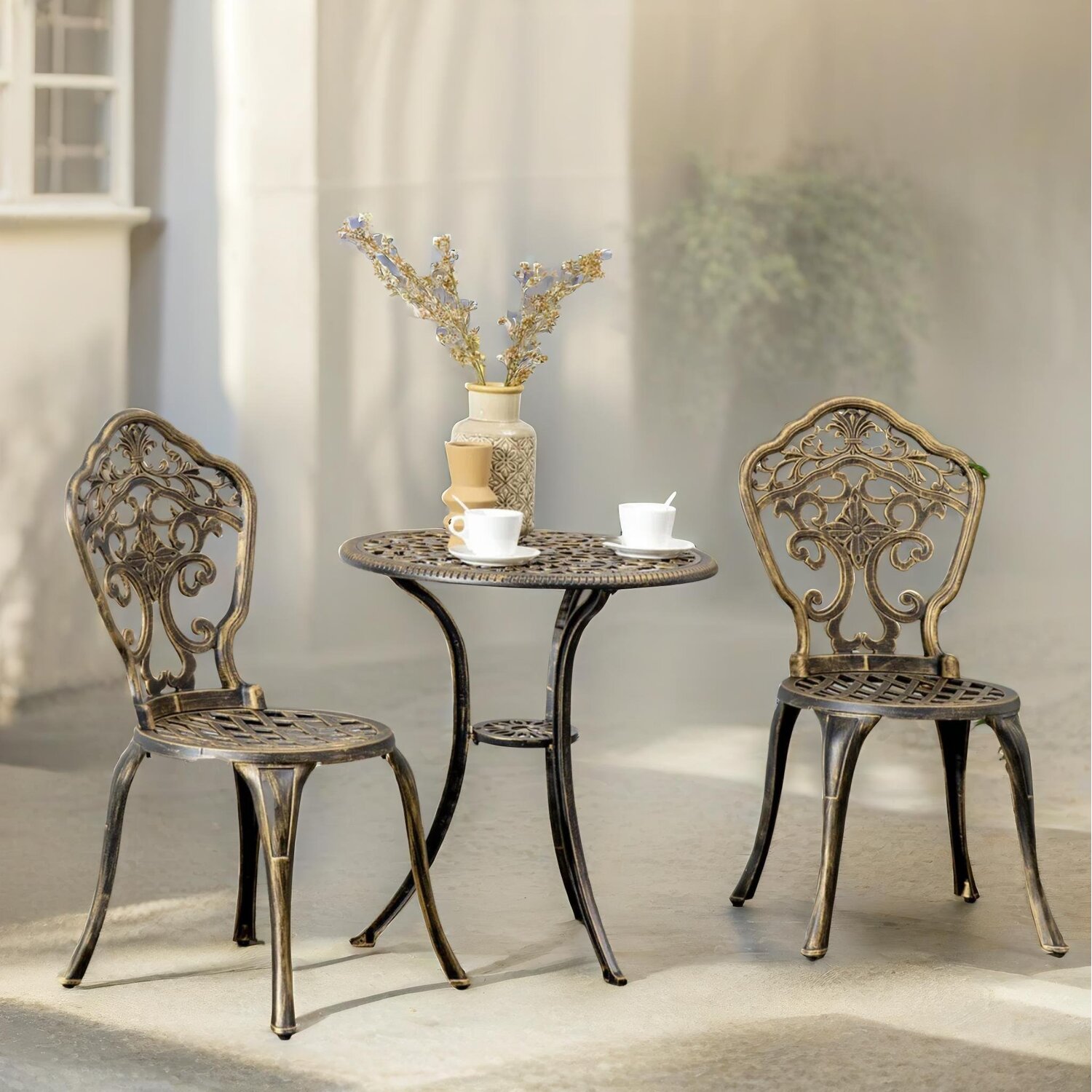 Set Of 3 Cast Aluminium Bistro Table And Chair With Parasol Hole - Bronze