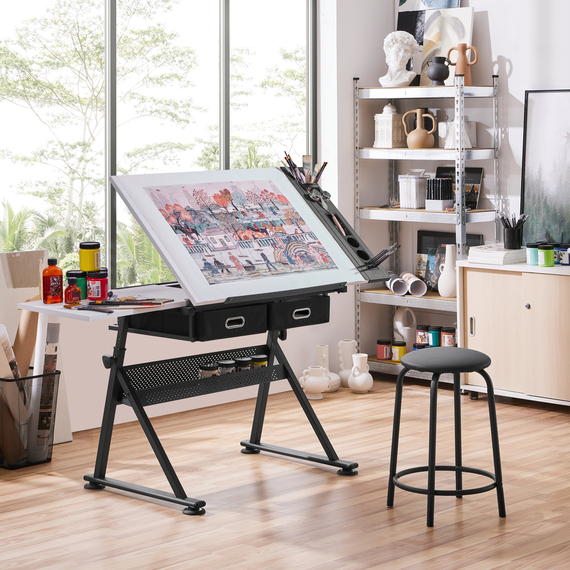 Adjustable Drafting Table with Stool