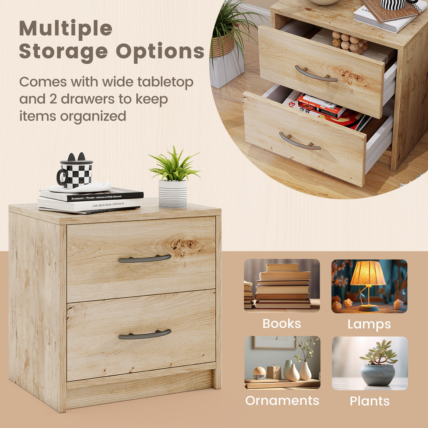 2-drawer Nightstand Modern Bedside Table - Brown