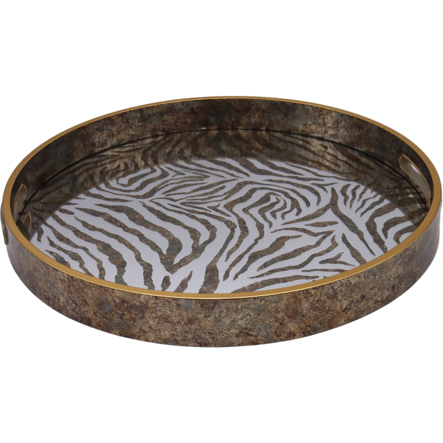 Round Zebra Print Serving Tray With Gold Trim - Gold