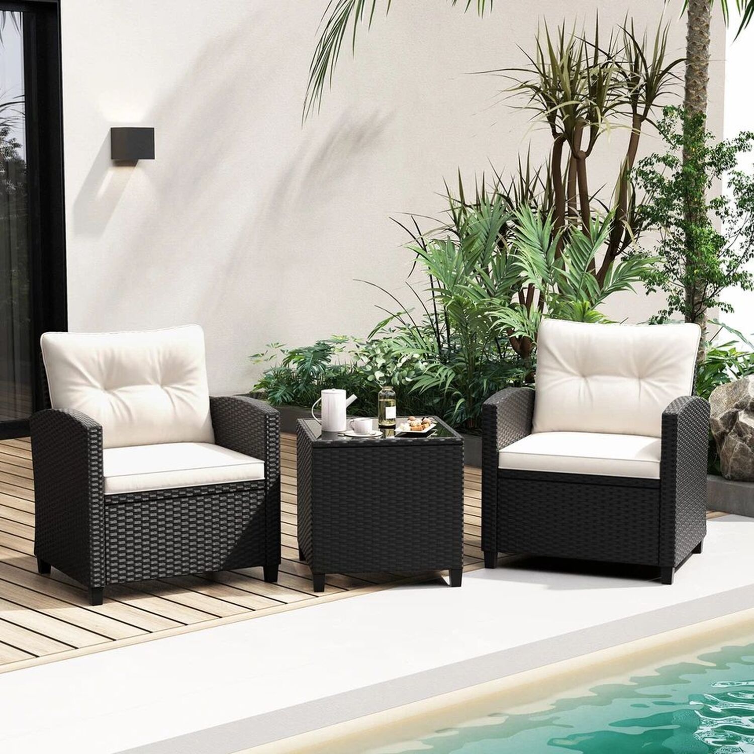 Patio Furniture Bistro Set Rattan With Cushions - Black