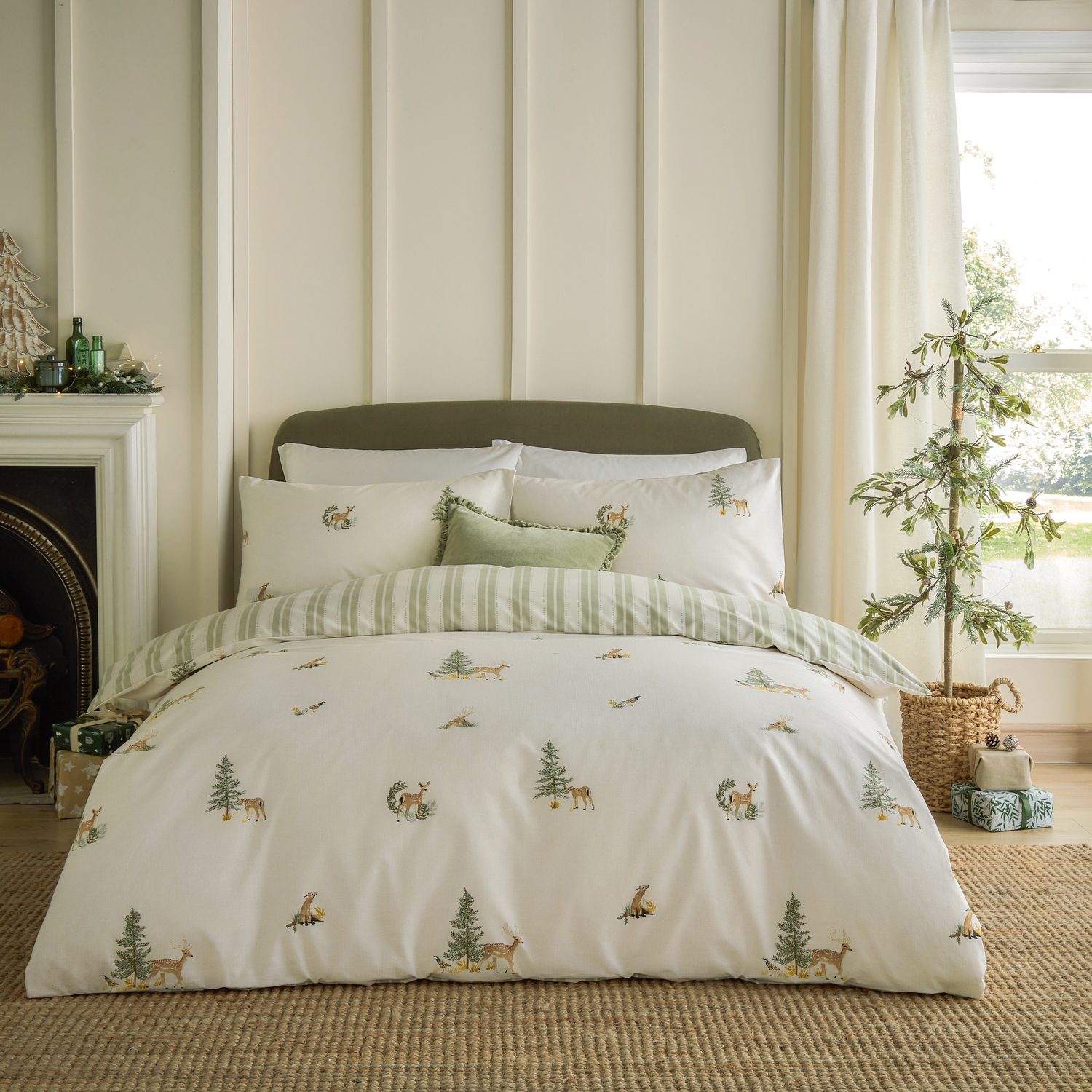 Charlecote Printed Cotton Duvet Cover Set Single - Green Natural