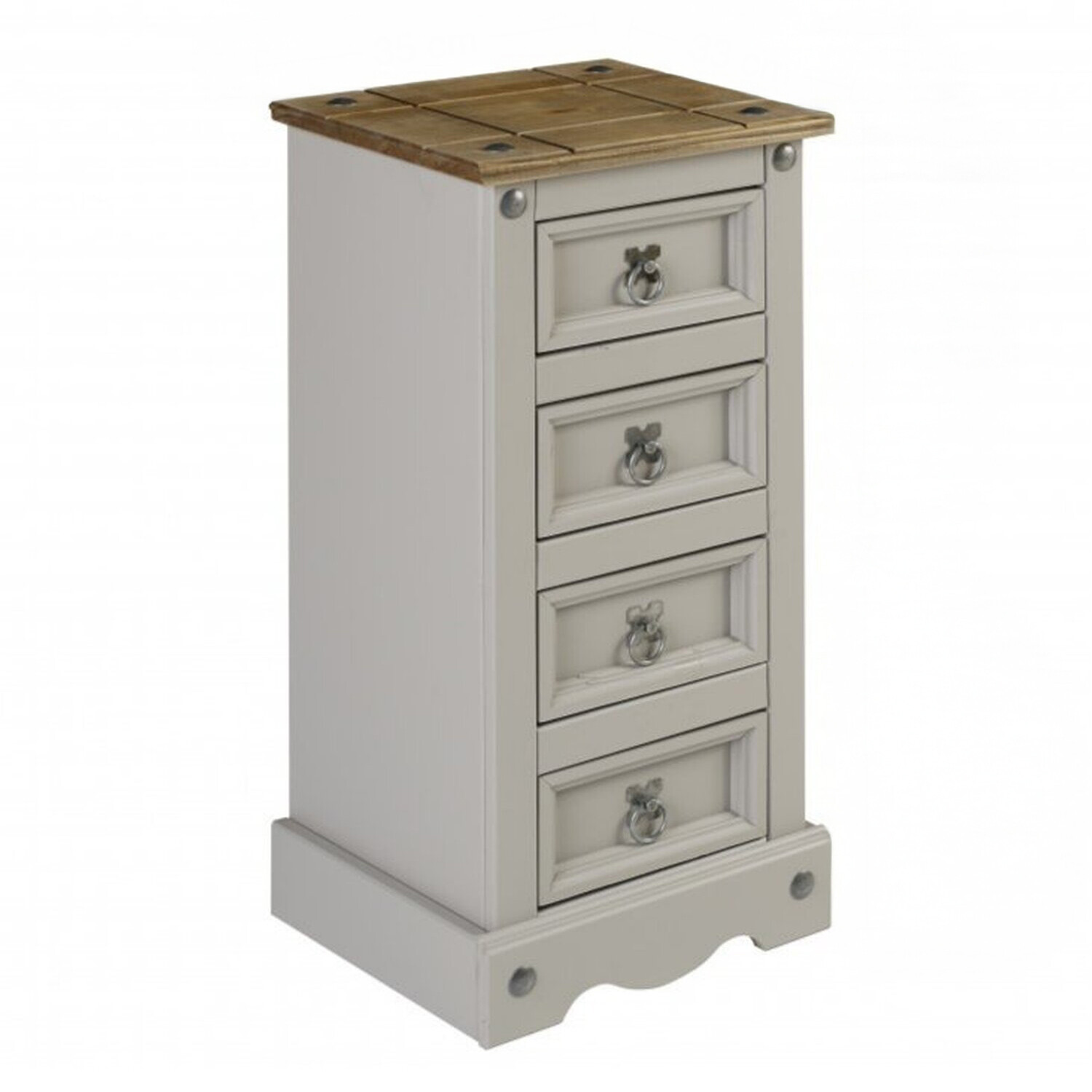 Corona Narrow 4 Drawer Bedside Cabinet Solid Wood Pine Wooden - Grey