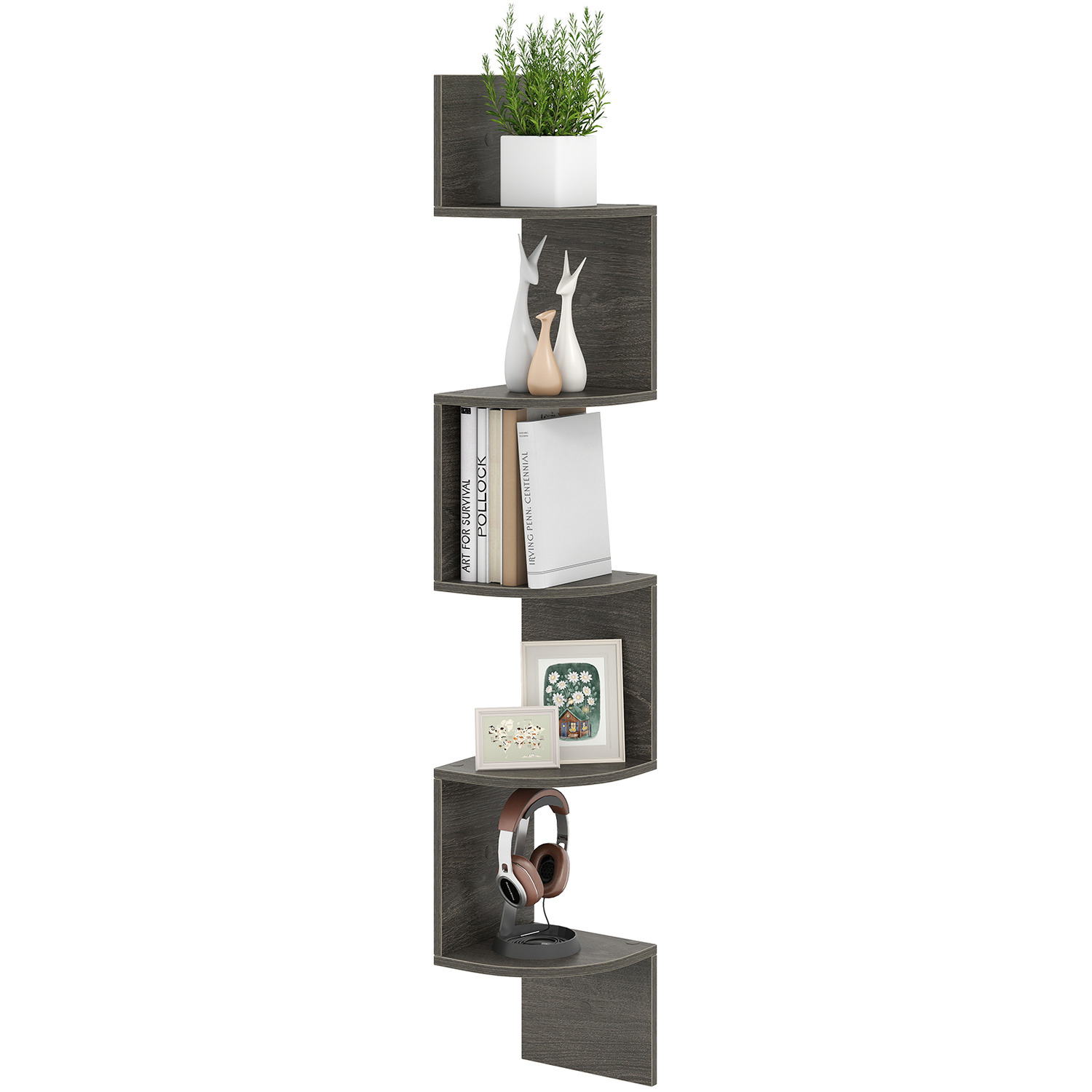 Greenco Scaffali Angolari A Parete 5 Livelli – Finitura Noce, Ripiani In MDF Per Soggiorno, Cucina, Bagno